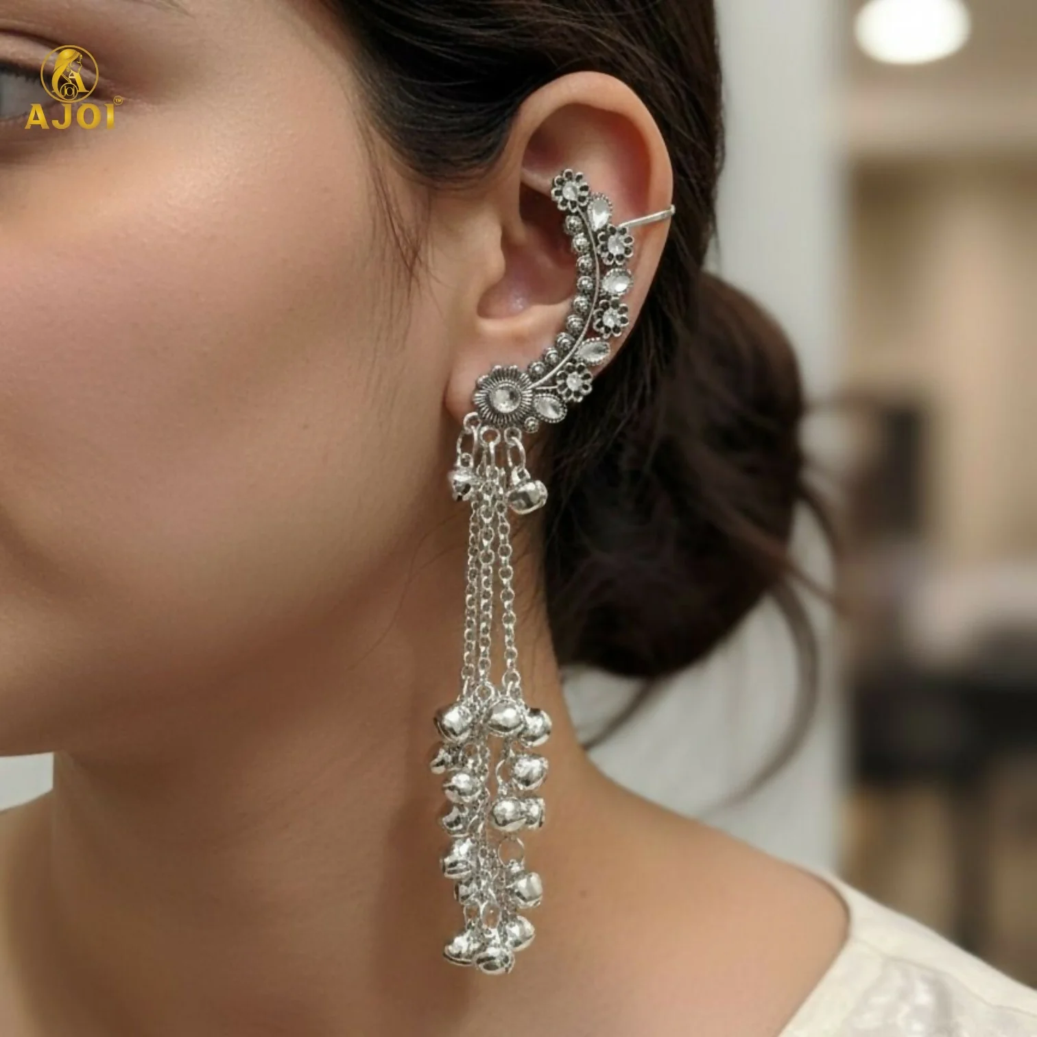 Kasmiri Silver Oxidised Chandbali Jhumka Earrings with Ghungroo Dangles for Women - Image 3