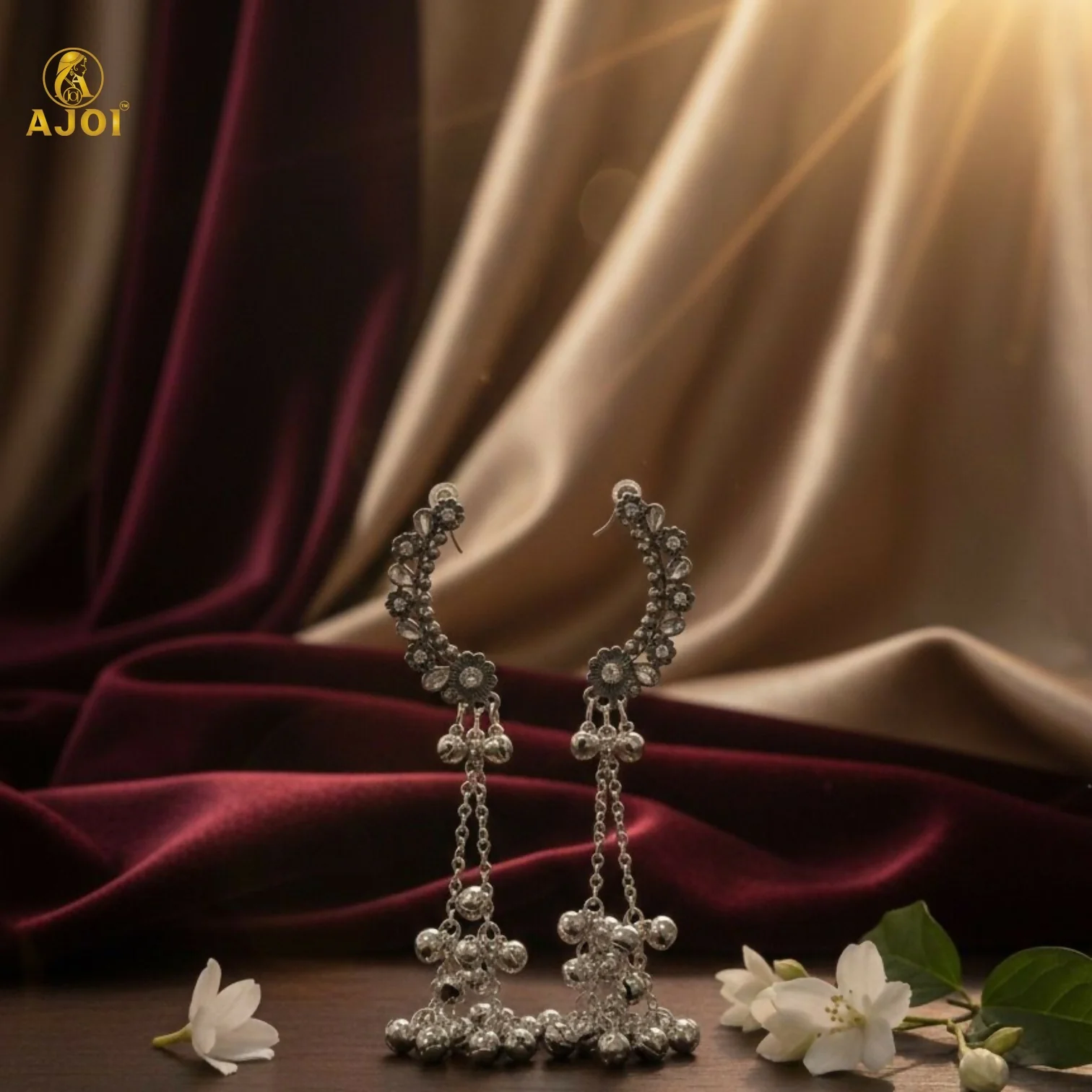 Kasmiri Silver Oxidised Chandbali Jhumka Earrings with Ghungroo Dangles for Women - Image 4
