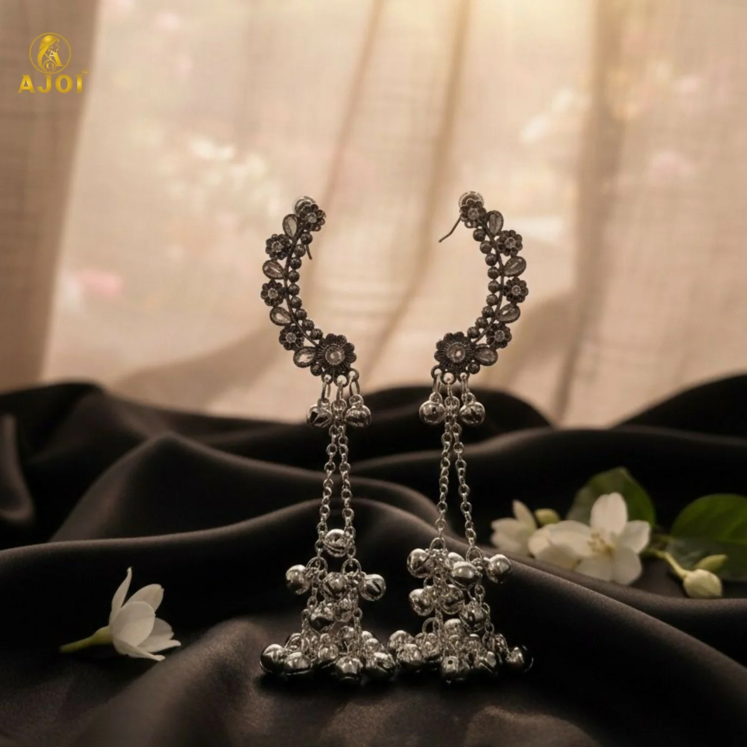 Kasmiri Silver Oxidised Chandbali Jhumka Earrings with Ghungroo Dangles for Women - Image 5