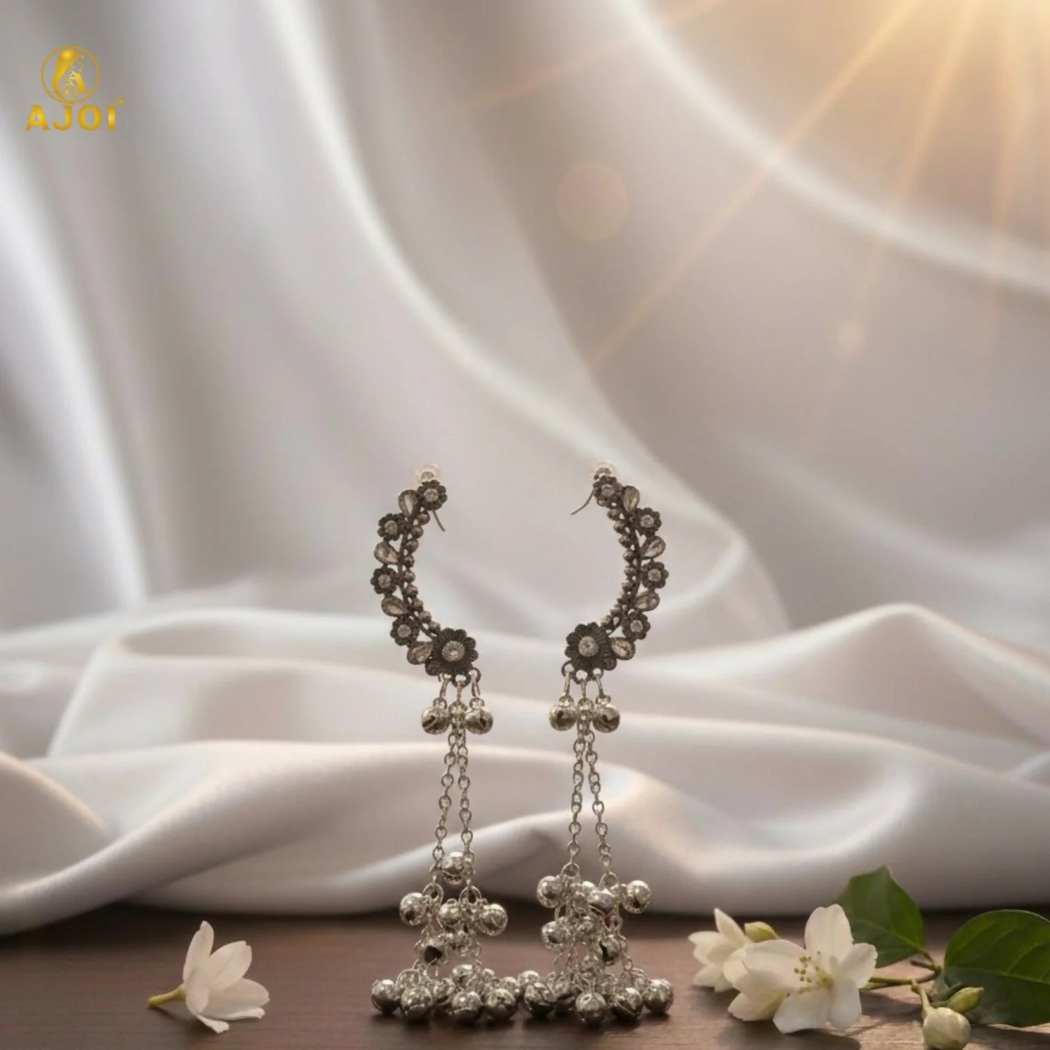 Kasmiri Silver Oxidised Chandbali Jhumka Earrings with Ghungroo Dangles for Women - Image 6