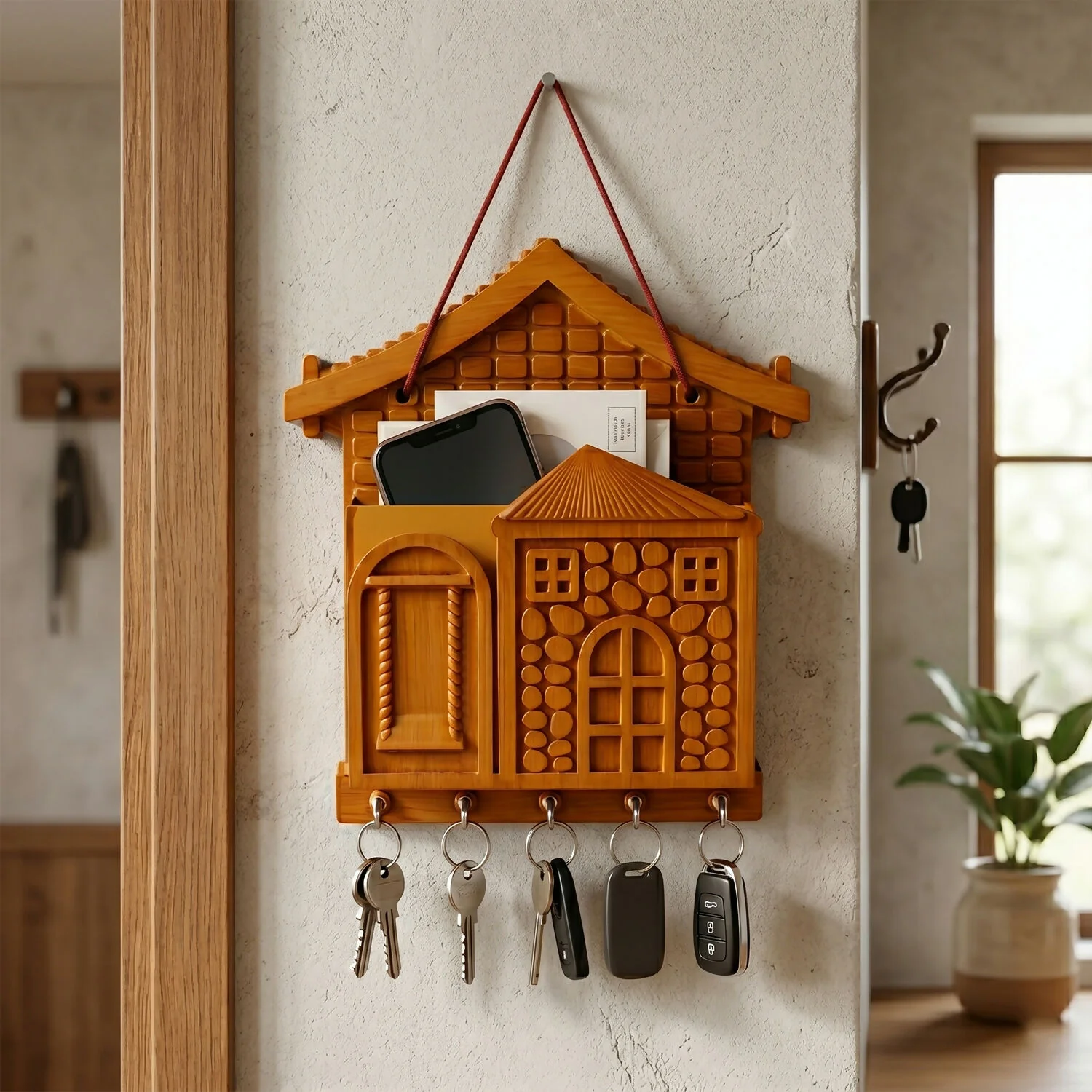 Key Holder with Key Villa – Wooden Organizer with Hooks & Storage for Keys & Small Accessories - Image 2