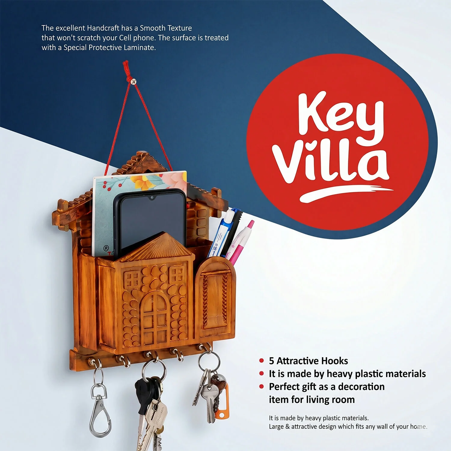 Key Holder with Key Villa – Wooden Organizer with Hooks & Storage for Keys & Small Accessories - Image 4
