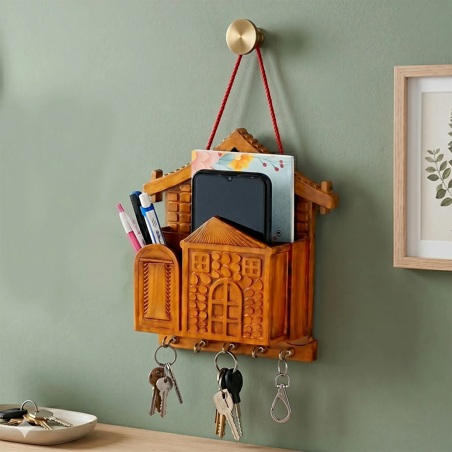 Key Holder with Key Villa – Wooden Organizer with Hooks & Storage for Keys & Small Accessories - Image 5