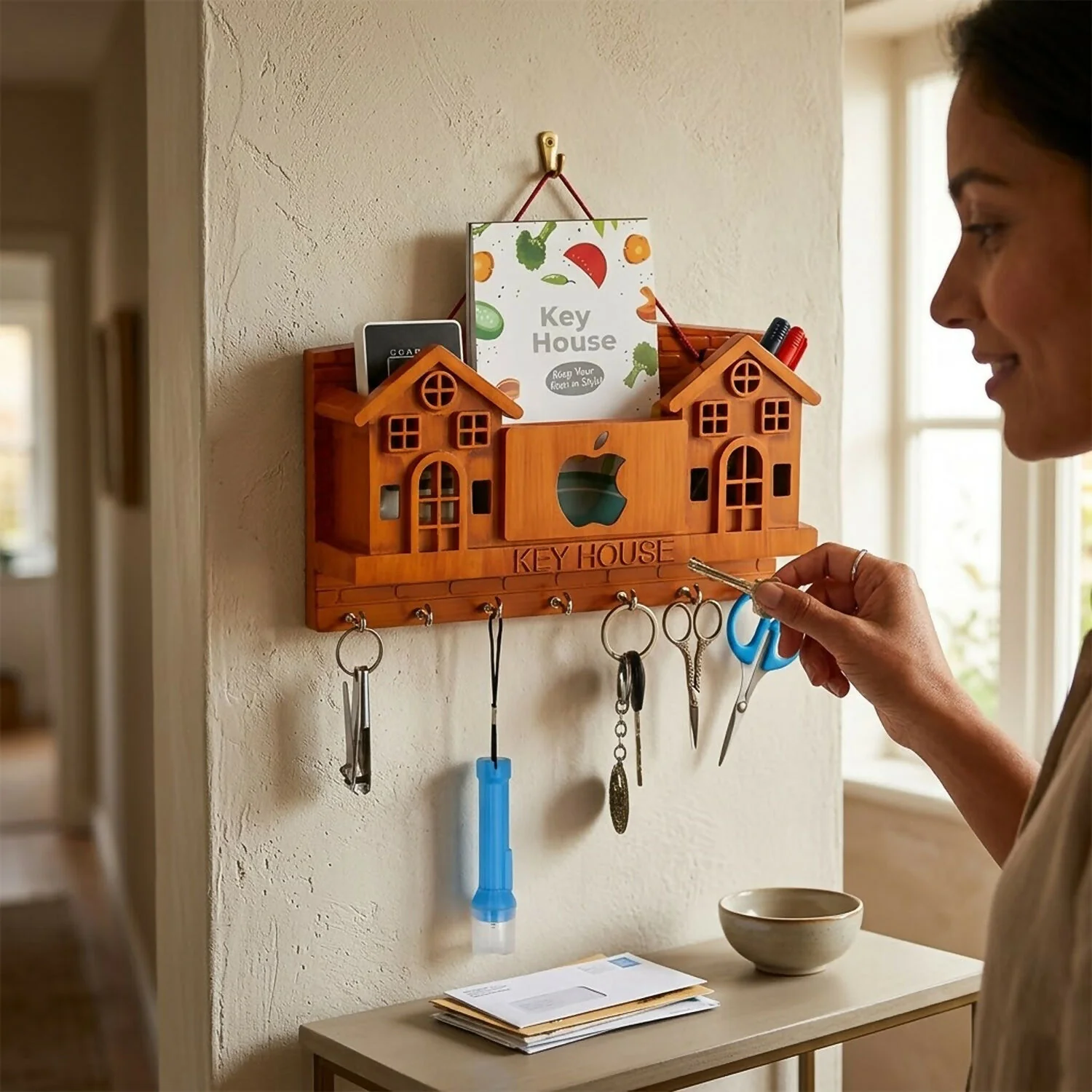 Key House Wall-Mounted Key Holder with Apple Design Storage Shelf & Multiple Hooks for Home Entrance - Image 2