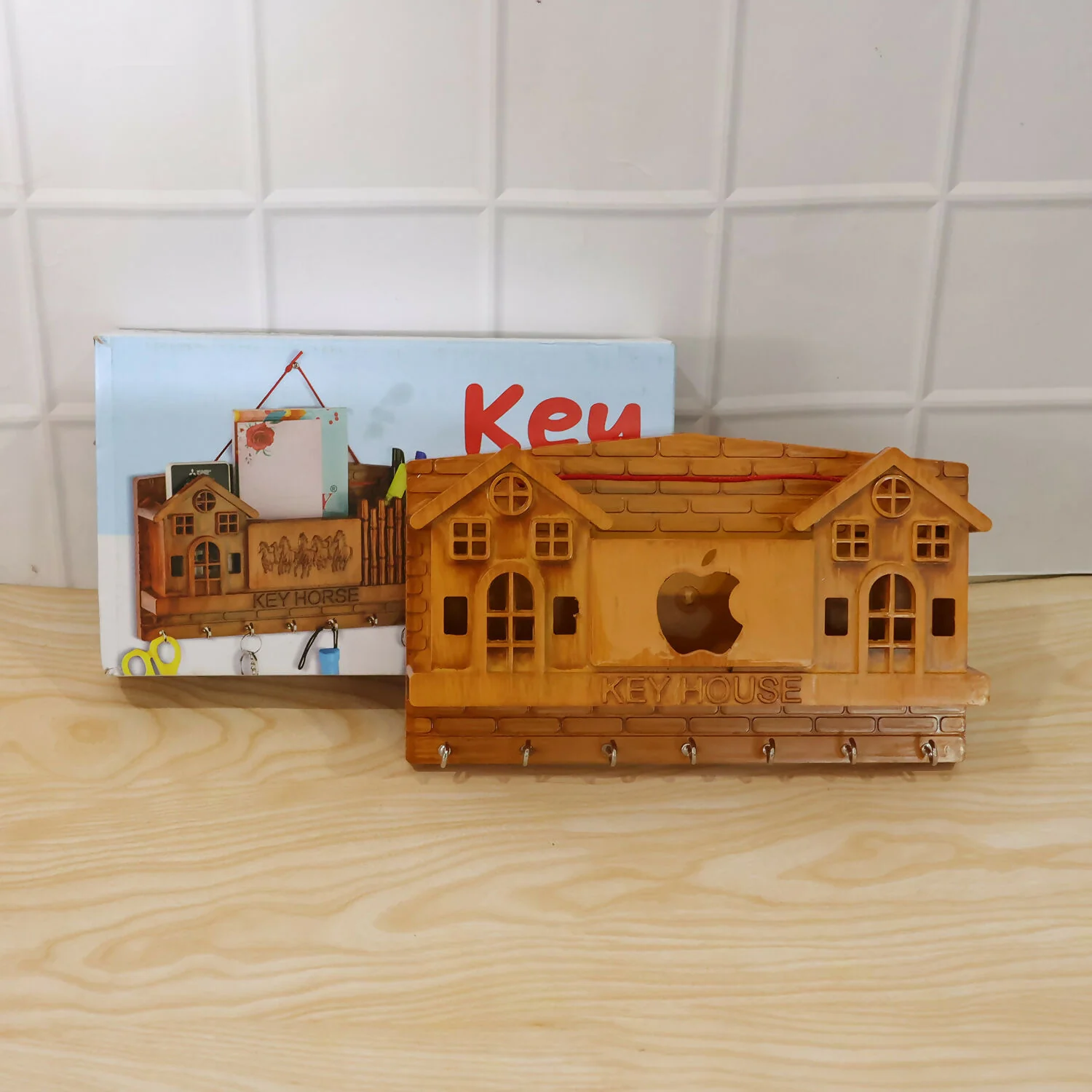Key House Wall-Mounted Key Holder with Apple Design Storage Shelf & Multiple Hooks for Home Entrance - Image 6