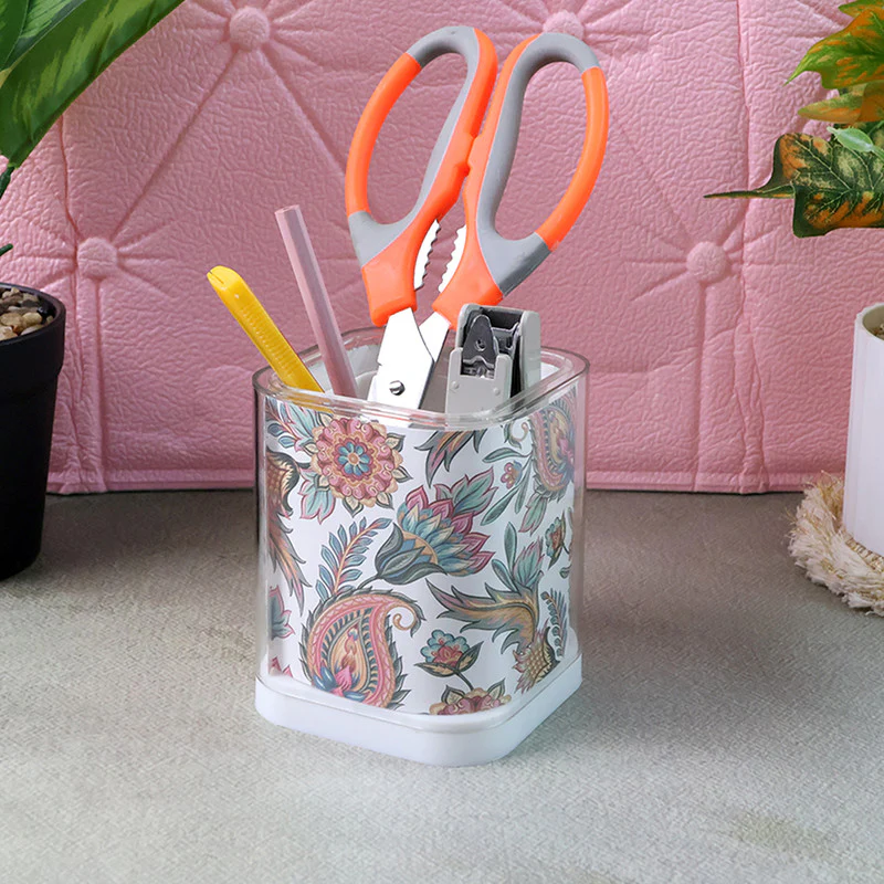 Khyati Crystal Square Pen Stand – Elegant Transparent Floral Desk Organizer - Image 2