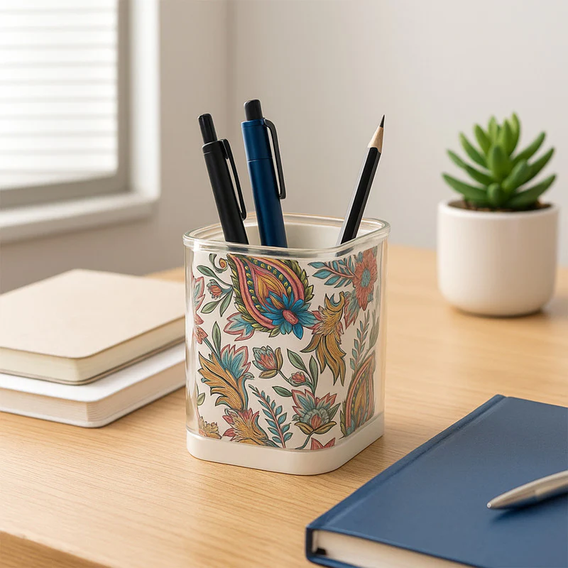 Khyati Crystal Square Pen Stand – Elegant Transparent Floral Desk Organizer - Image 3