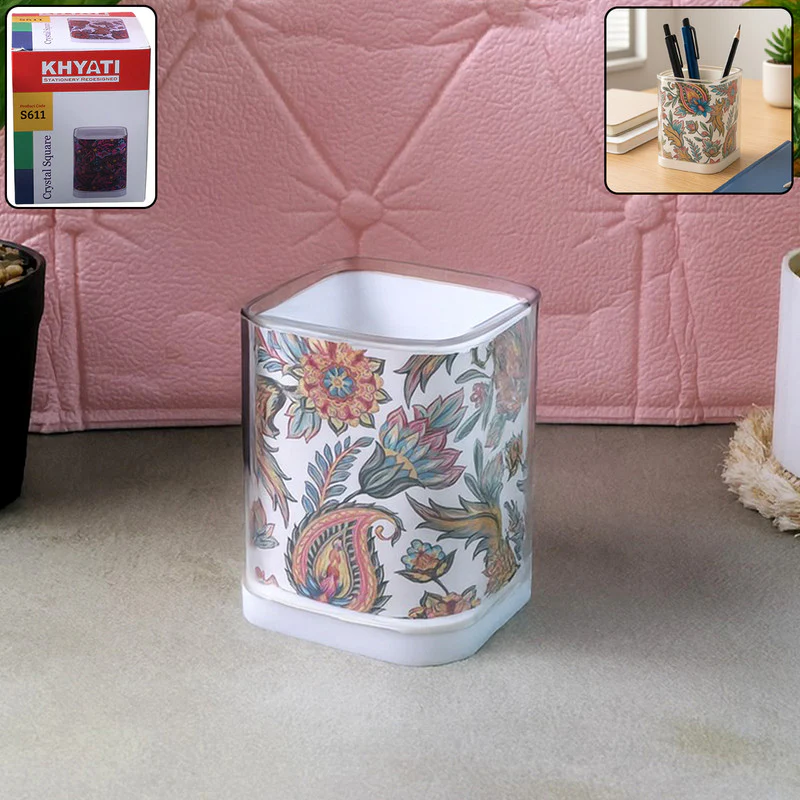Khyati Crystal Square Pen Stand – Elegant Transparent Floral Desk Organizer - Image 4