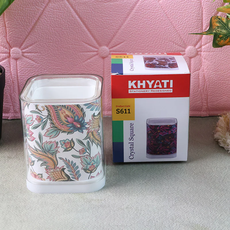 Khyati Crystal Square Pen Stand – Elegant Transparent Floral Desk Organizer - Image 6