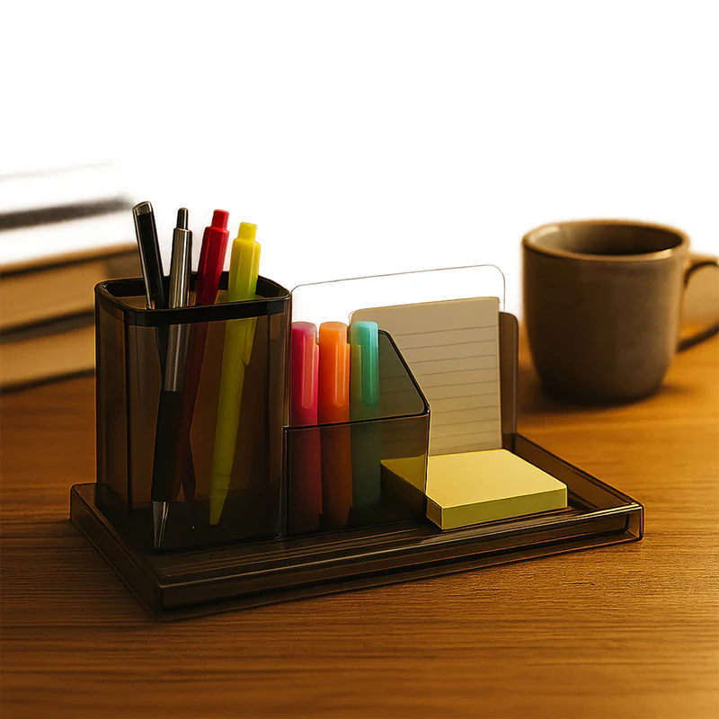 Khyati Desk Organizer – Elegant Smoke Grey Multi-Compartment Stationery Holder - Image 5