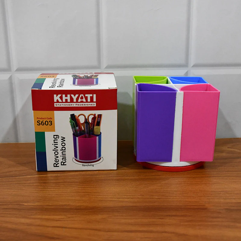 Khyati Revolving Rainbow Pen Stand – Multi-Color Rotating Desk 4 Compartments - Image 6