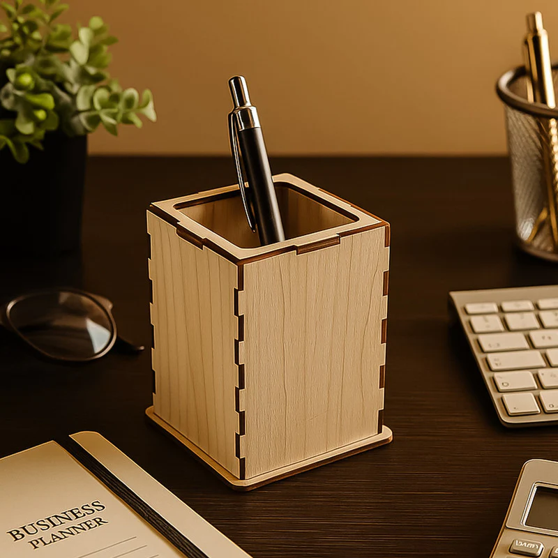 Khyati Square Wooden Pen Stand – Elegant Desk Organizer for Office & Study Table - Image 3