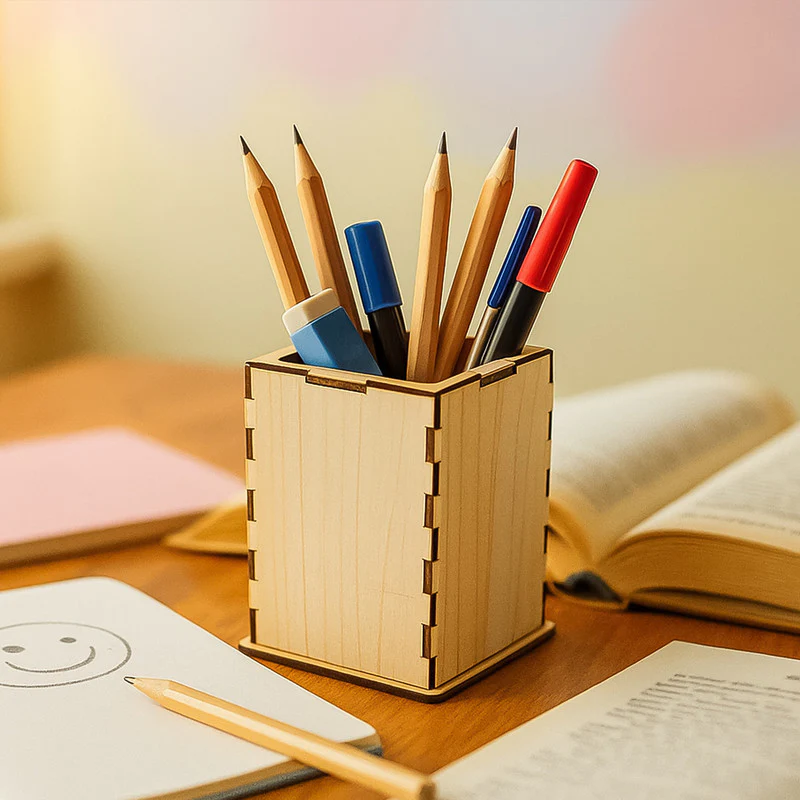 Khyati Square Wooden Pen Stand – Elegant Desk Organizer for Office & Study Table - Image 4