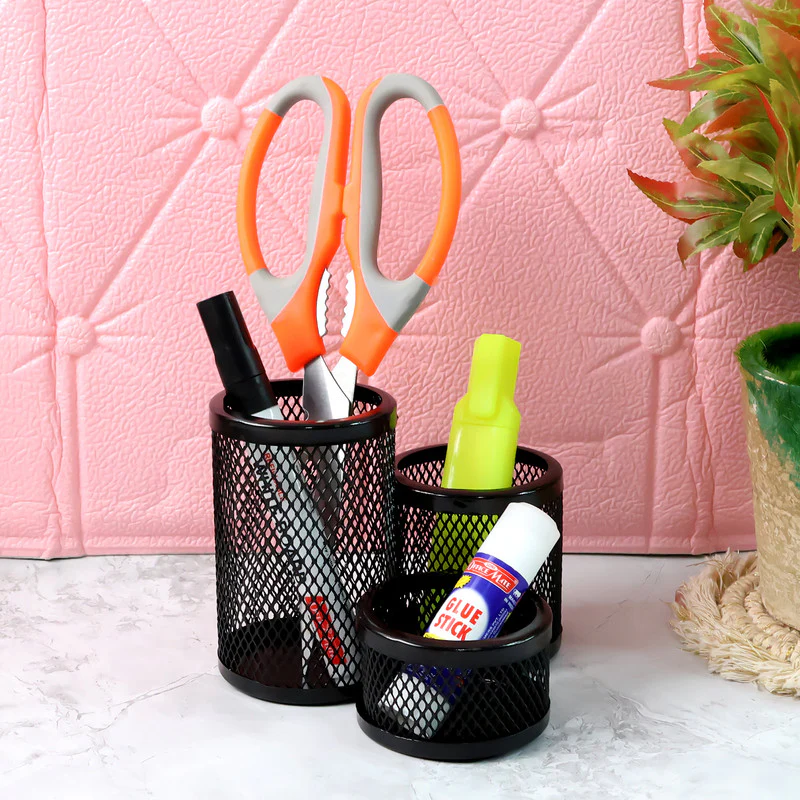 Khyati Trio Metal Mesh Pen Stand – 3-in-1 Round Desk Organizer Set - Image 3