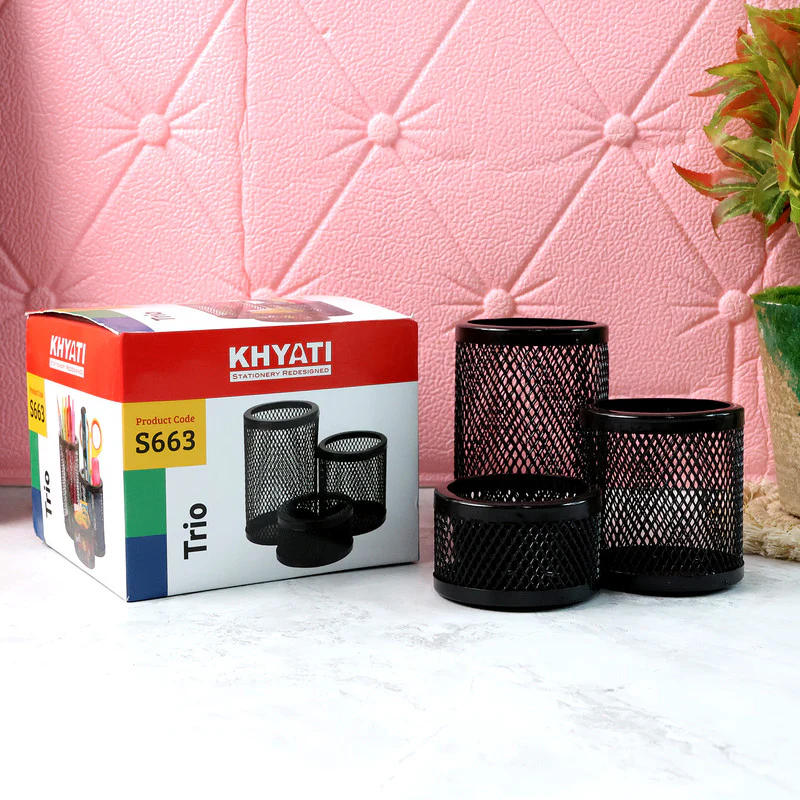 Khyati Trio Metal Mesh Pen Stand – 3-in-1 Round Desk Organizer Set - Image 5