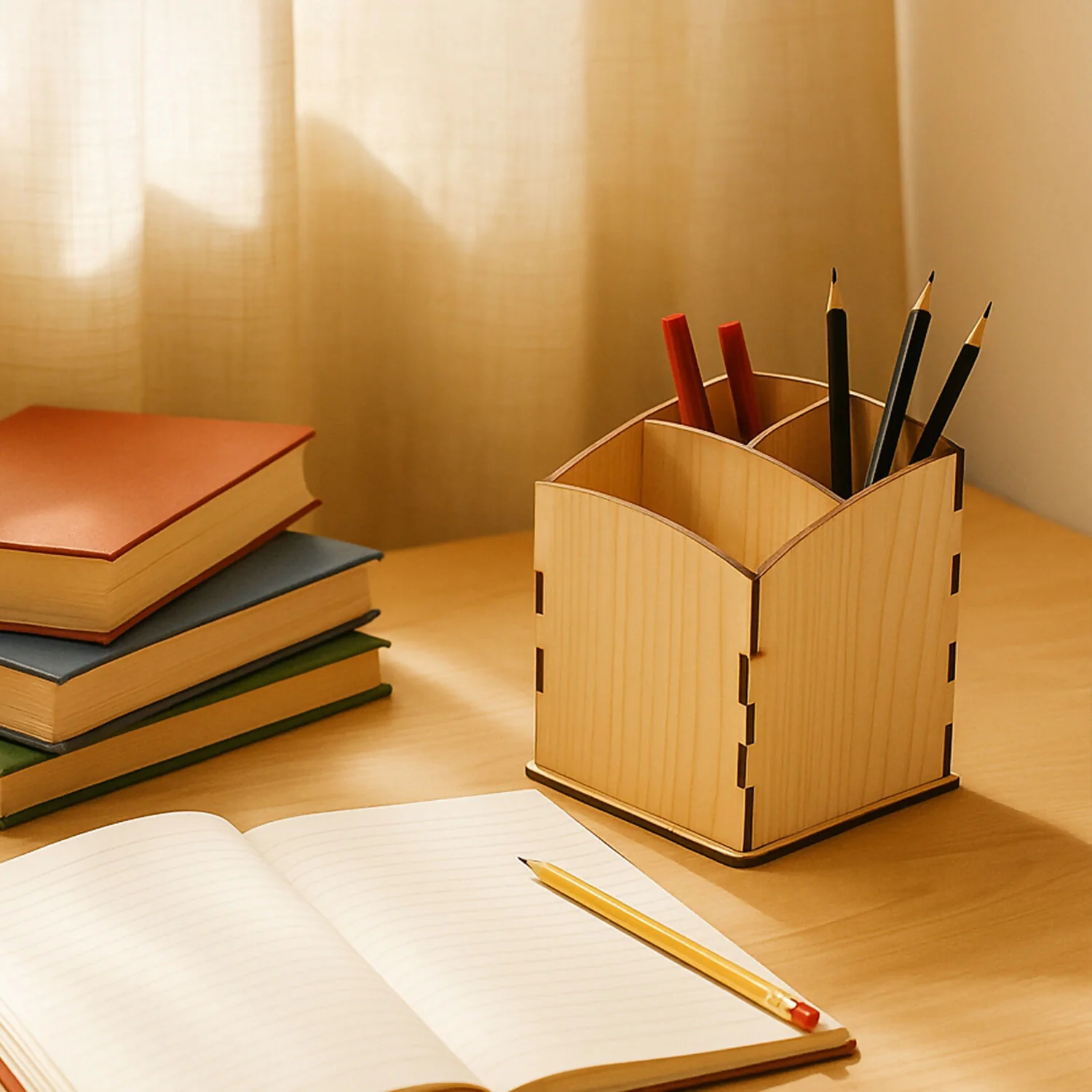 Khyati Wooden Pen Stand – Cube Shape Desk Organizer with Multi-Section Storage - Image 2