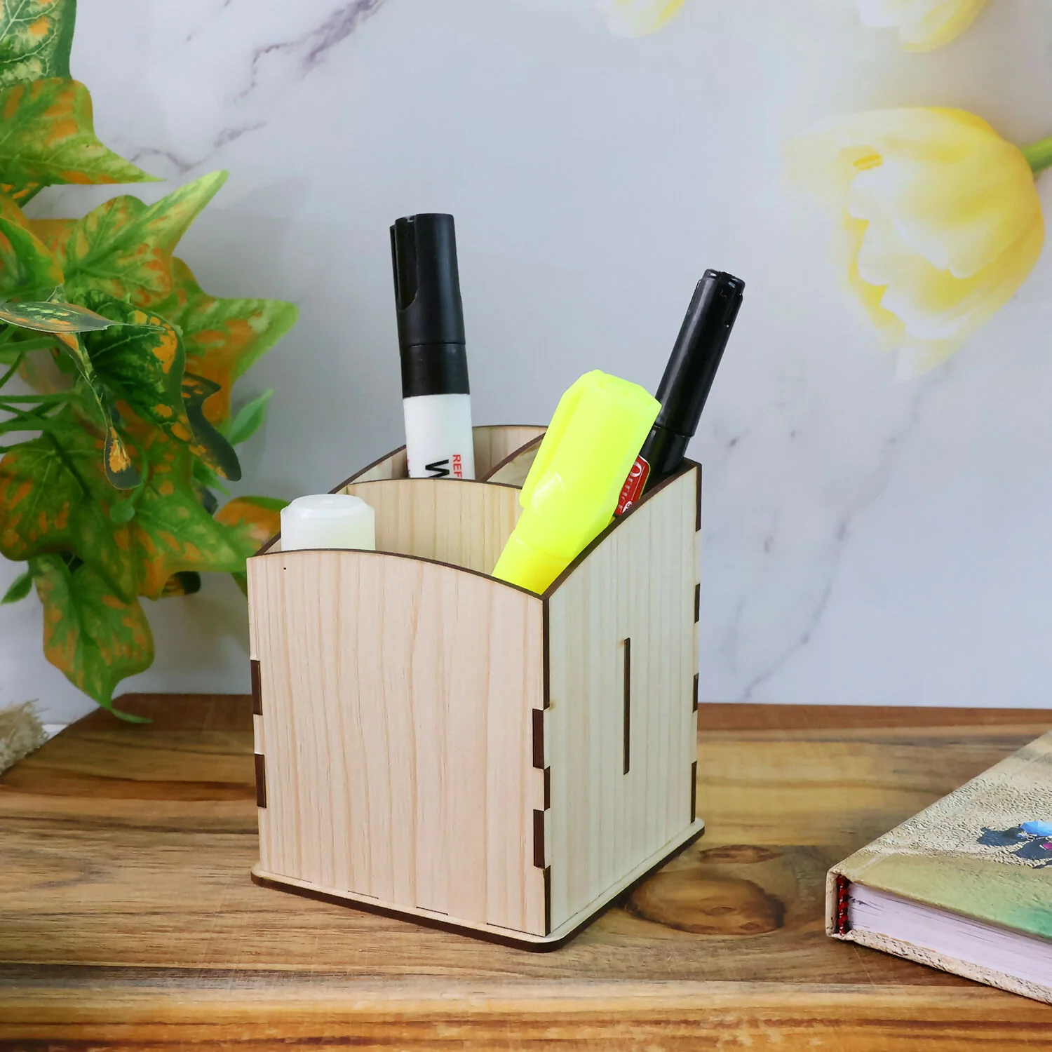 Khyati Wooden Pen Stand – Cube Shape Desk Organizer with Multi-Section Storage - Image 4