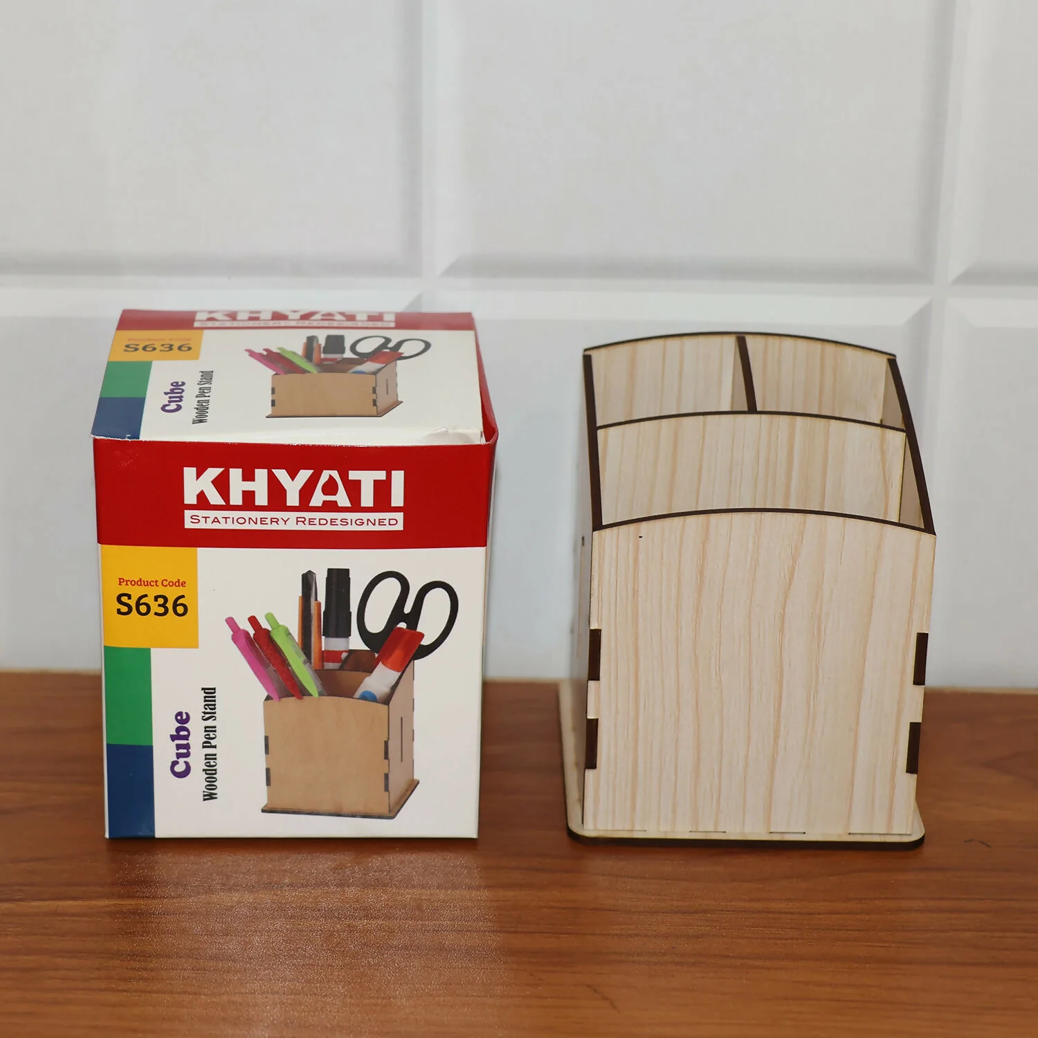 Khyati Wooden Pen Stand – Cube Shape Desk Organizer with Multi-Section Storage - Image 6