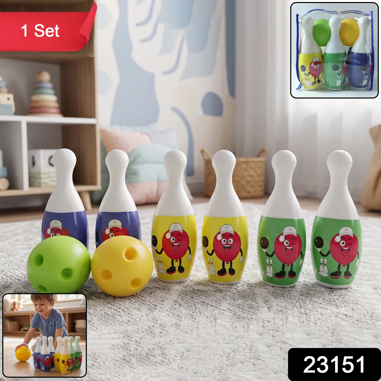Kids Bowling Set with 6 Colorful Pins and 2 Balls (1 Set) - Image 2
