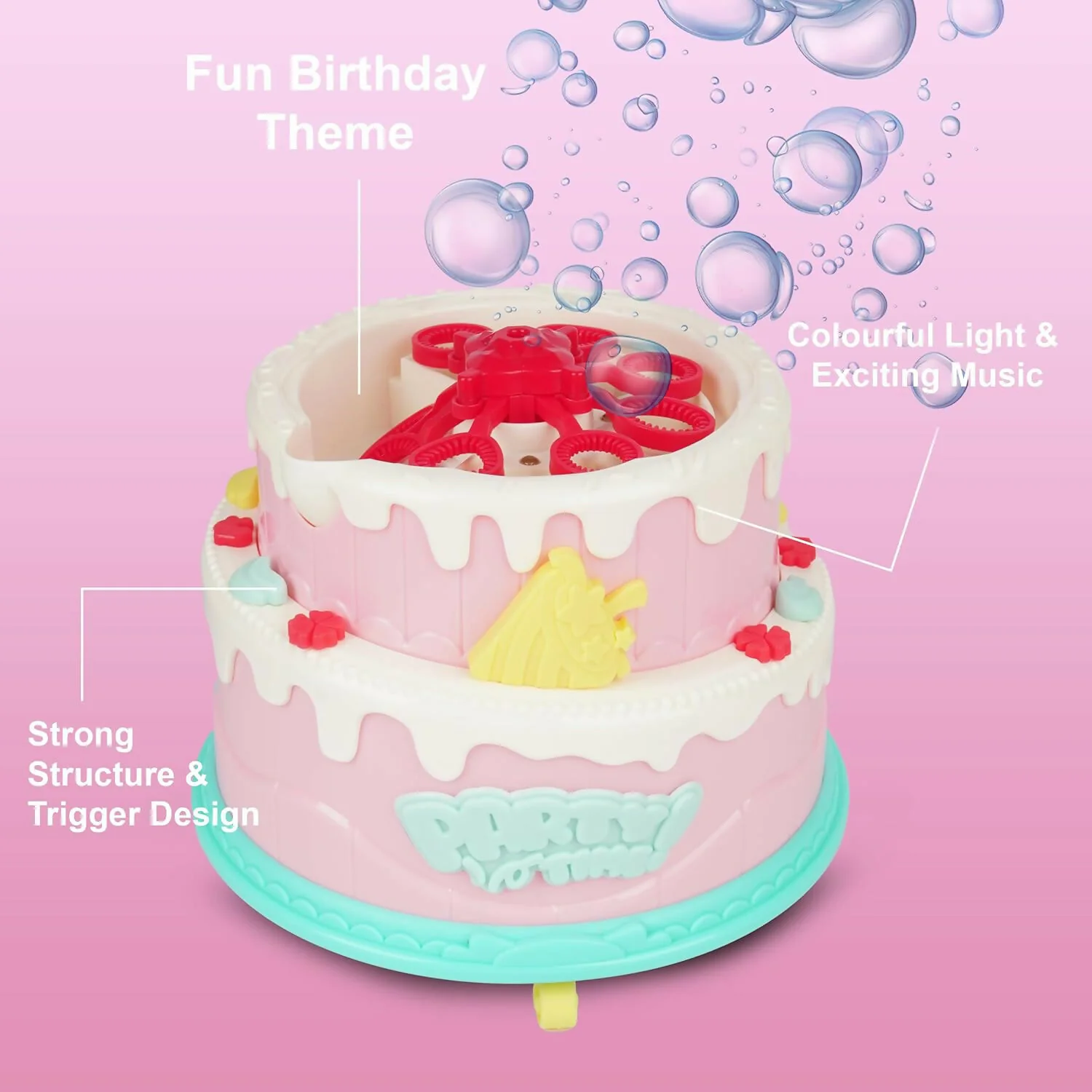 Kids Bubble Cake Toy Automatic Bubble Maker Party Toy with Bubble Liquid Bottle - Image 4