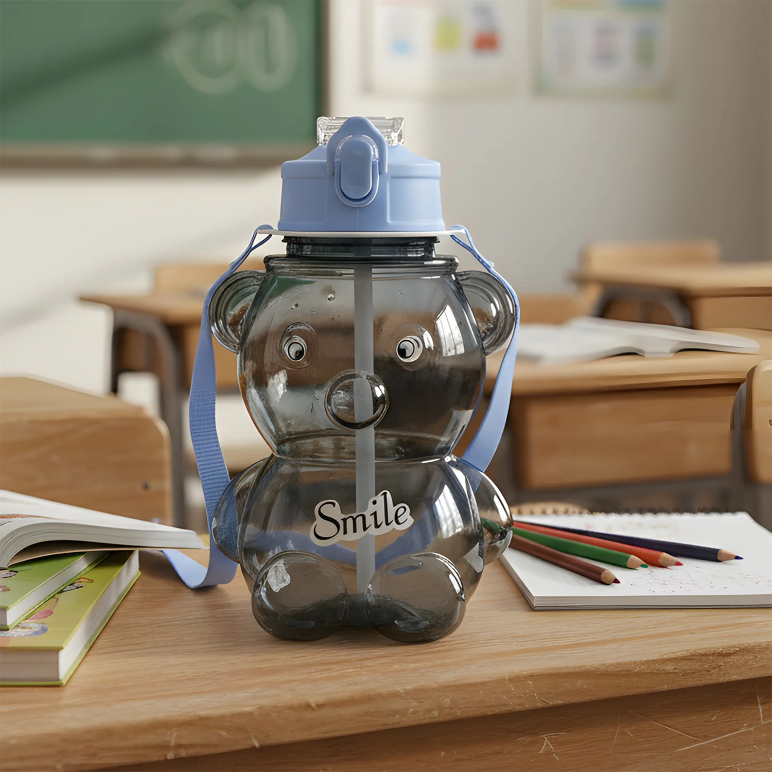 Kids Cartoon Bear Water Bottle with Straw & Shoulder Strap (1 Pc) - Image 3