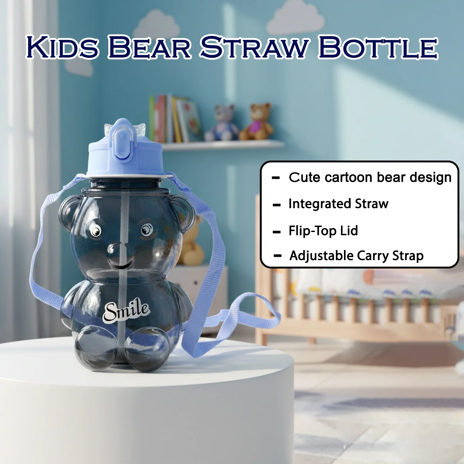Kids Cartoon Bear Water Bottle with Straw & Shoulder Strap (1 Pc) - Image 4
