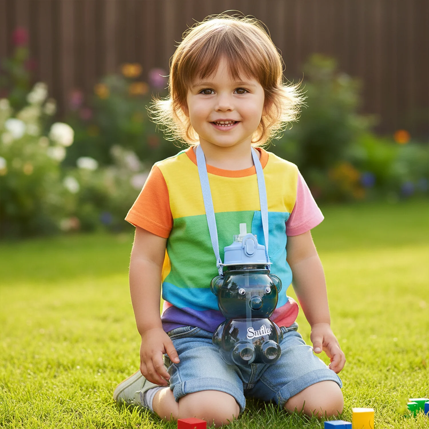 Kids Cartoon Bear Water Bottle with Straw & Shoulder Strap (1 Pc) - Image 9