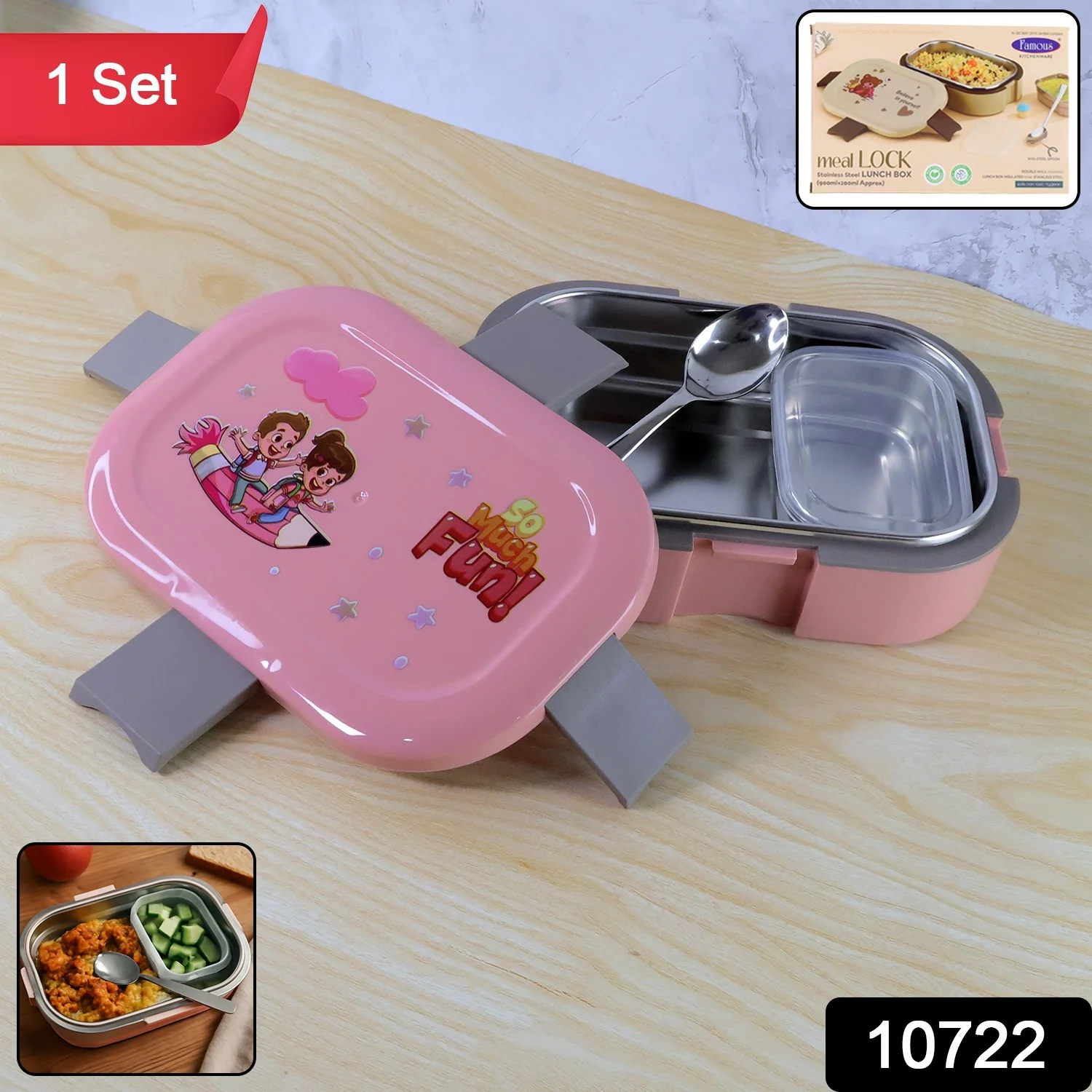 Kids Cartoon Lunch Box Set with Stainless-Steel Inner Tray (1 Set) - Image 2