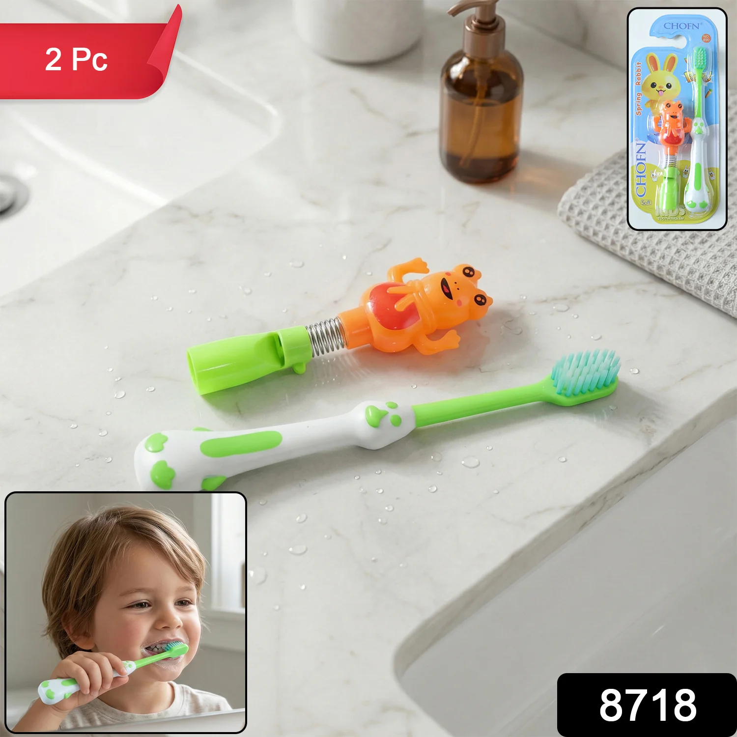 Kids Cartoon Spring Frog Toy With Toothbrush Set (2 Pc Set) - Image 2