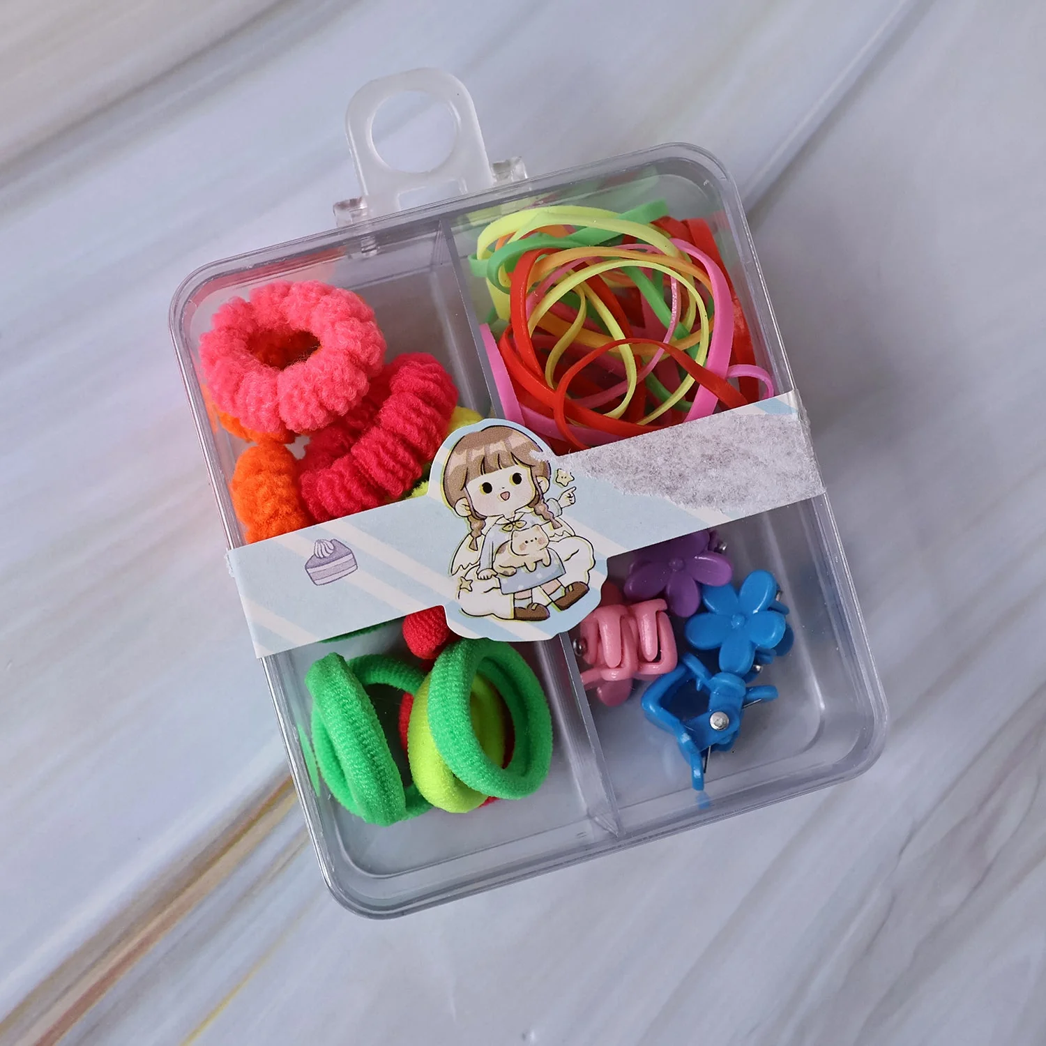 Kids Hair Bands, Rubber Bands & Cute Hair Clips in Storage Box (Mix Design / 1 Set) - Image 3