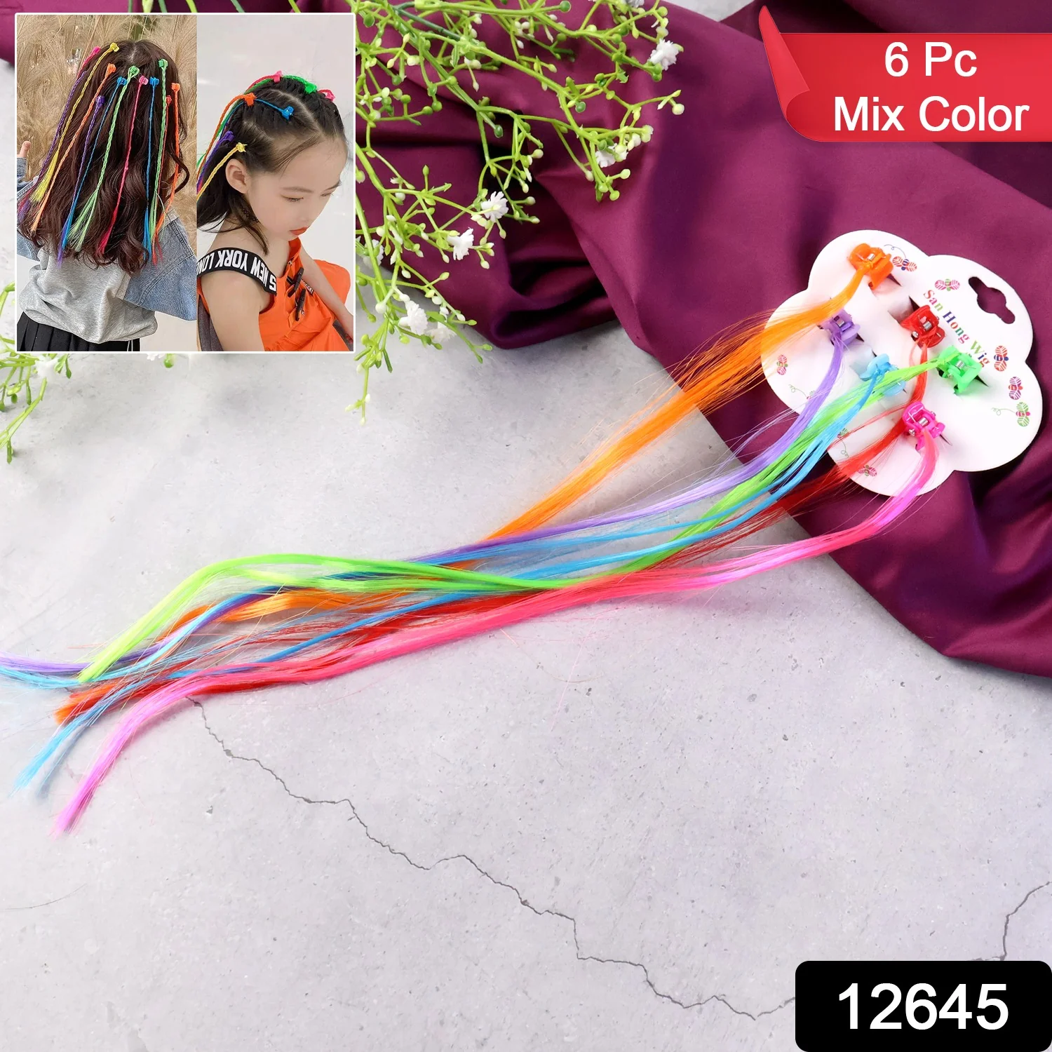 Kids Hair Extensions with Hair Clips (6 Pc Mix Color) - Image 2