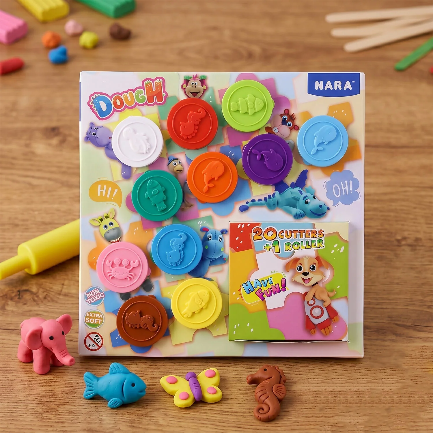 Kids Modelling Dough Clay Play Set with 20 Cutters and Roller Fun Learning Kit (Mix Colour, 11 x 20Gm)) - Image 2