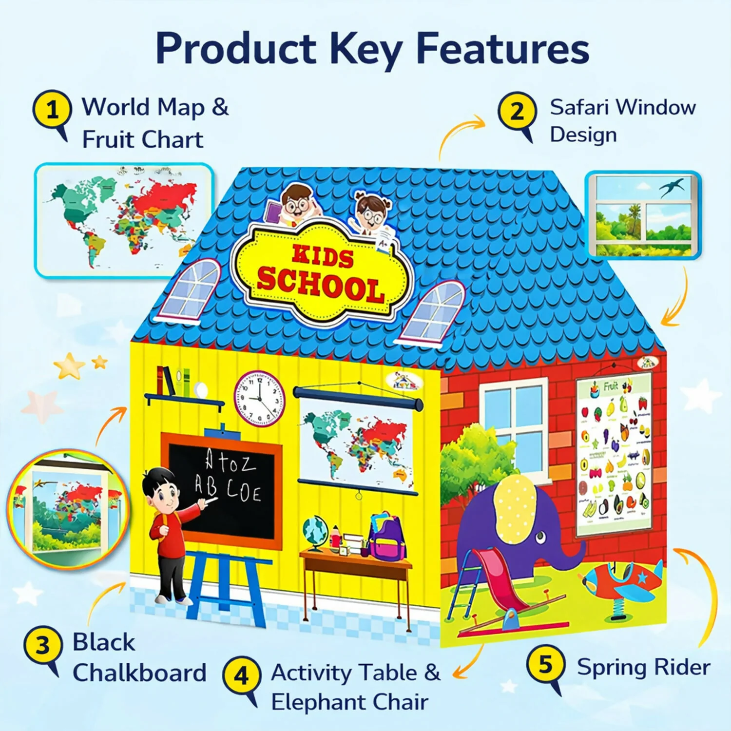 Kids School Play Tent House with Educational Charts & Blackboard Indoor Learning & Activity Play Tent for Children - Image 2