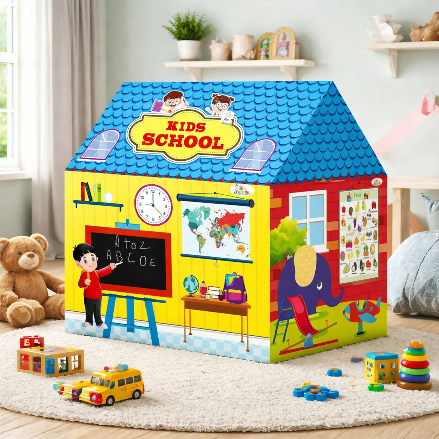 Kids School Play Tent House with Educational Charts & Blackboard Indoor Learning & Activity Play Tent for Children - Image 3