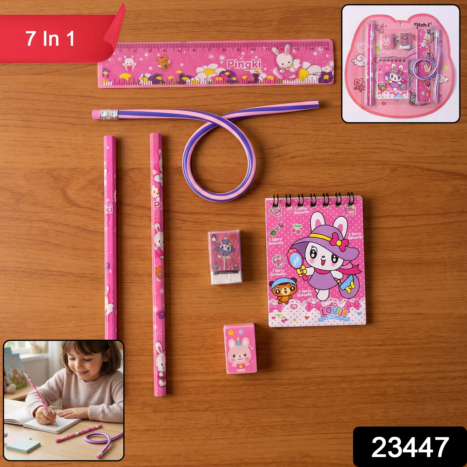 7-In-1 Cute Pink Stationery Set with Ruler, Pencil, Eraser, Notebook, Sharpener - Image 2