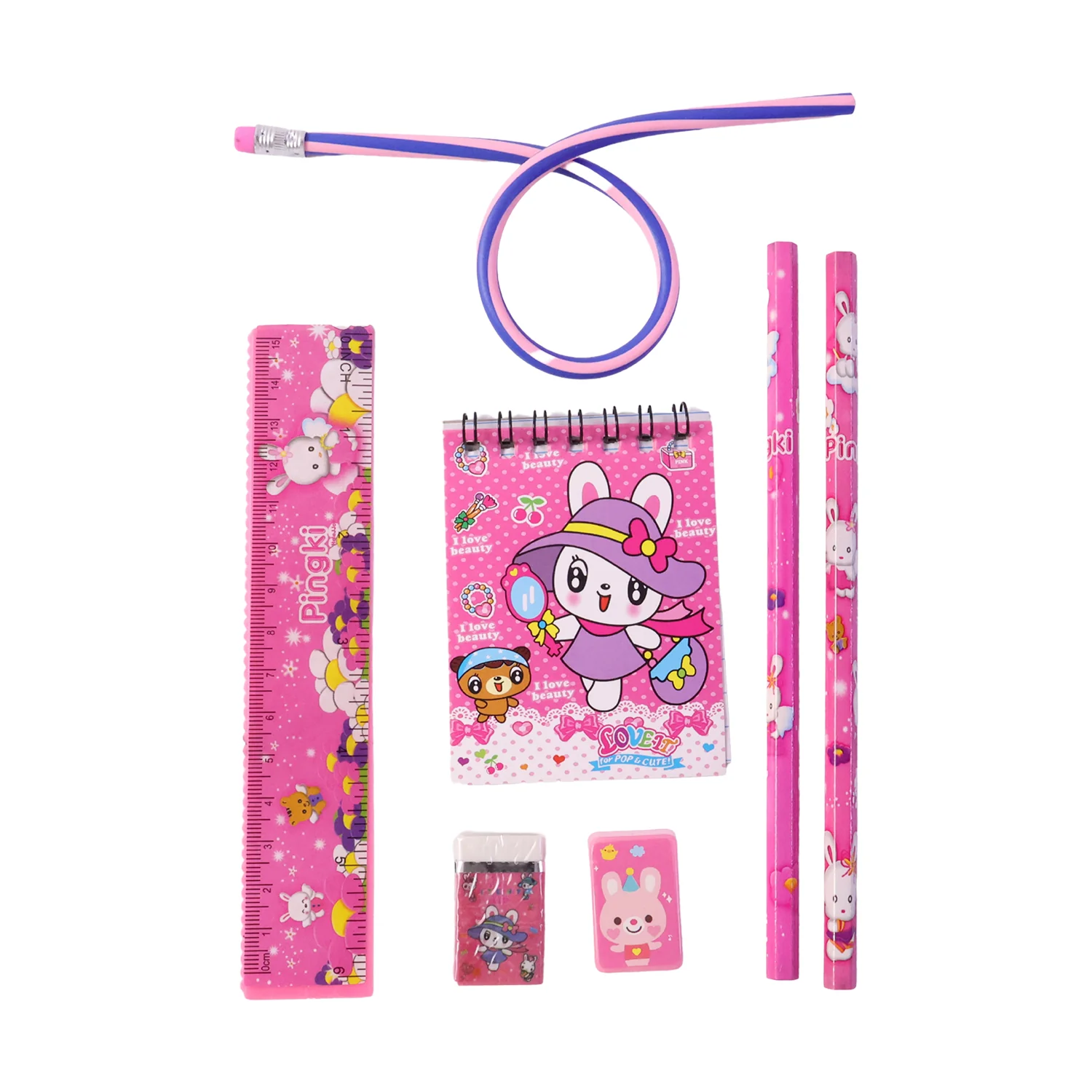 7-In-1 Cute Pink Stationery Set with Ruler, Pencil, Eraser, Notebook, Sharpener - Image 4