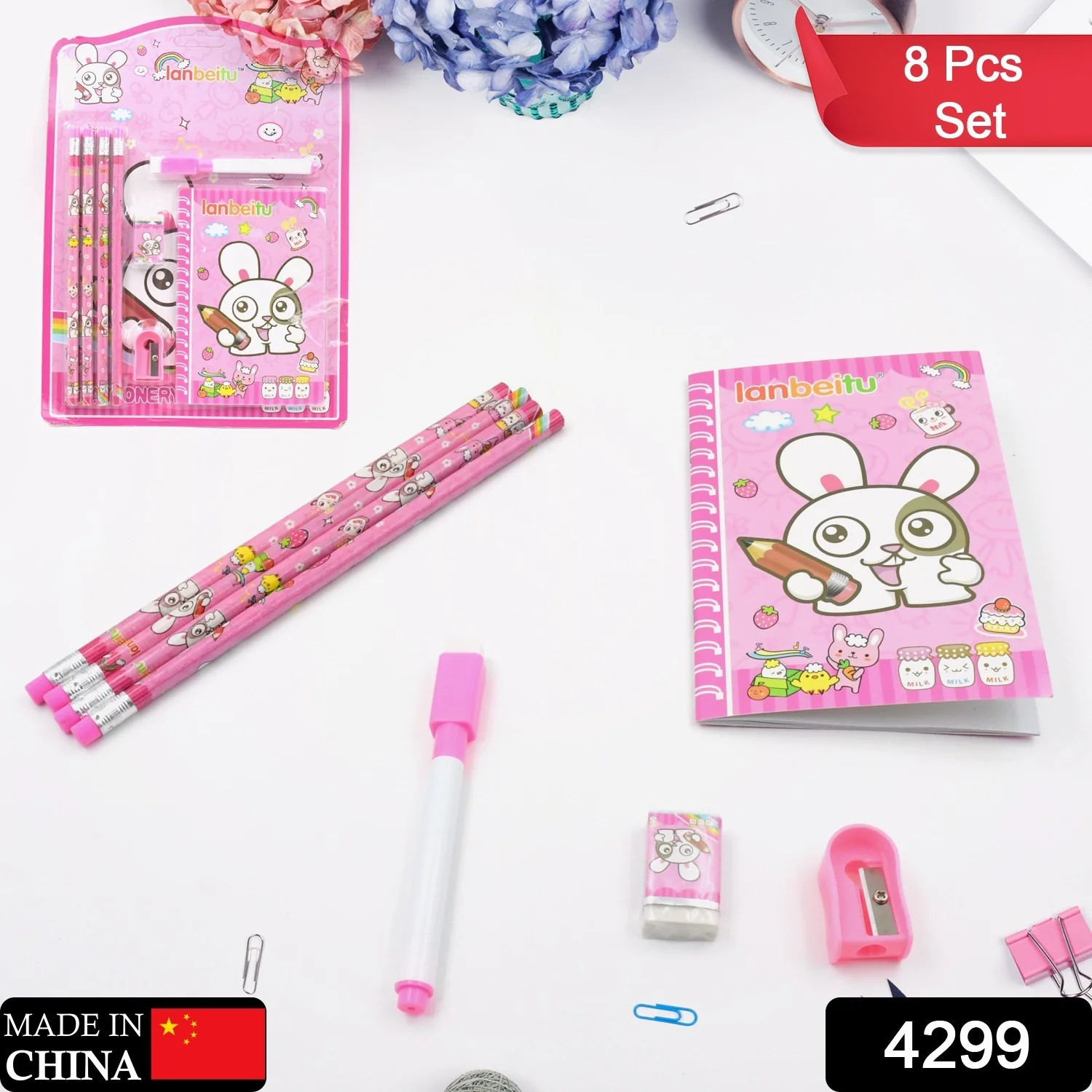 Kids' Stationery Kit: Wooden Pencils, Sharpener, Eraser, Diary (8 Pc Set) - Image 8