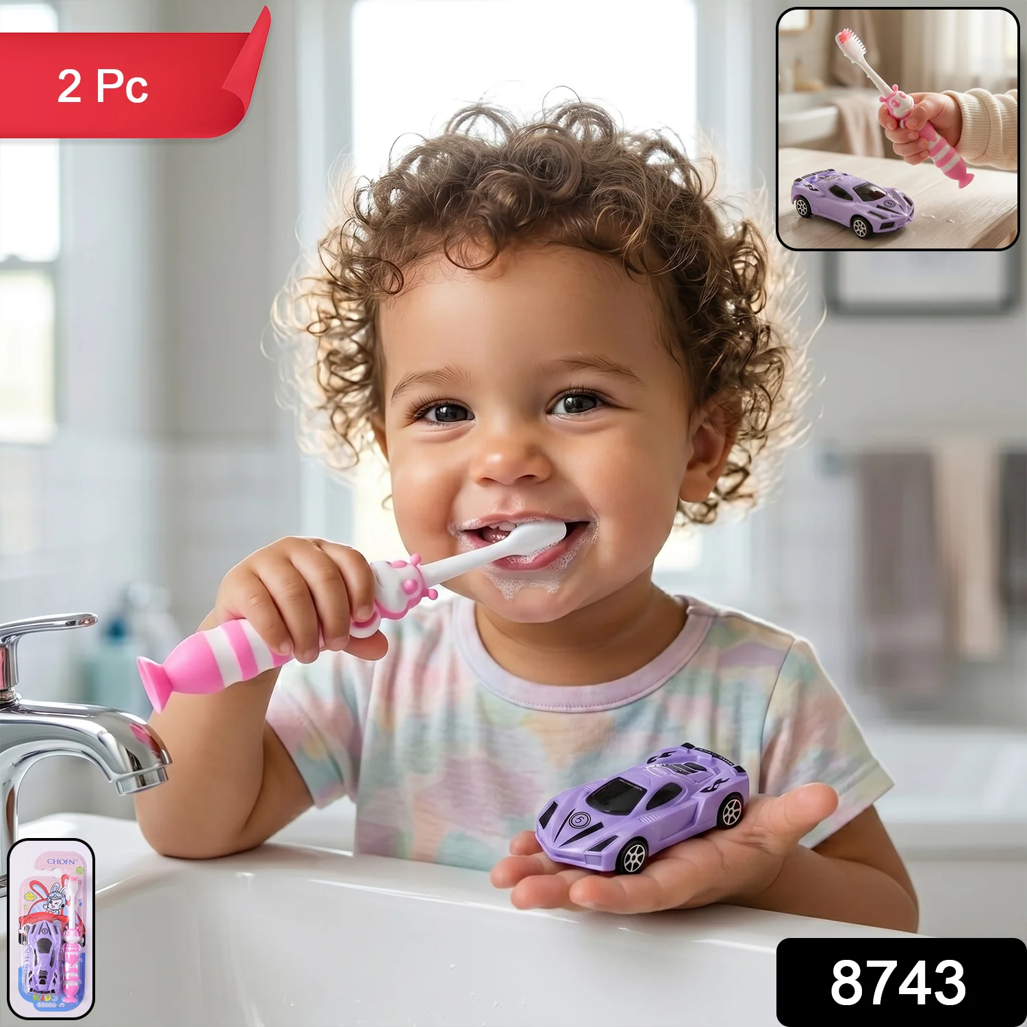 Kids Toothbrush with Cartoon Car (2 Pc Set) - Image 2