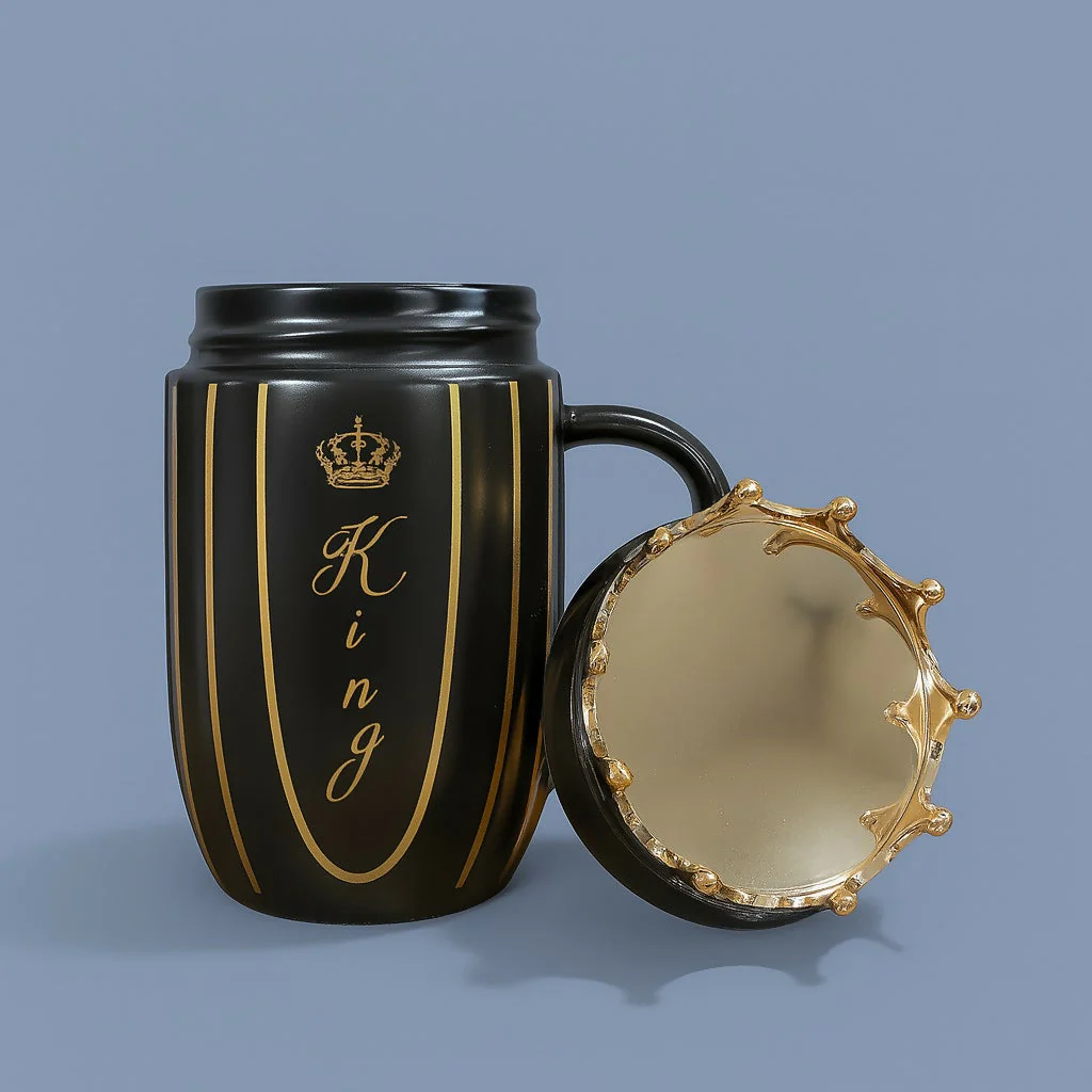 King Crown Black Ceramic Coffee Mug with Golden Stripes and Royal Lid - Image 2