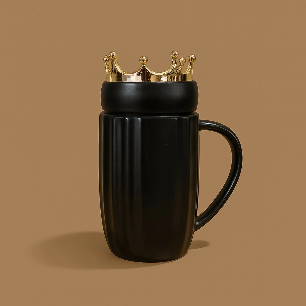 King Crown Black Ceramic Coffee Mug with Golden Stripes and Royal Lid - Image 3