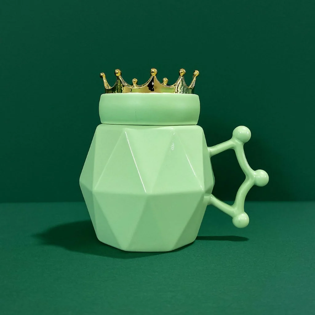 King Crown Ceramic Mug with Golden Lid – Green Diamond-Cut Coffee Mug for Men | Royal Handle & Gift Mug for Husband, Boyfriend, Brother & Boss | Stylish Ceramic Tea Cup with Crown Design - Image 2