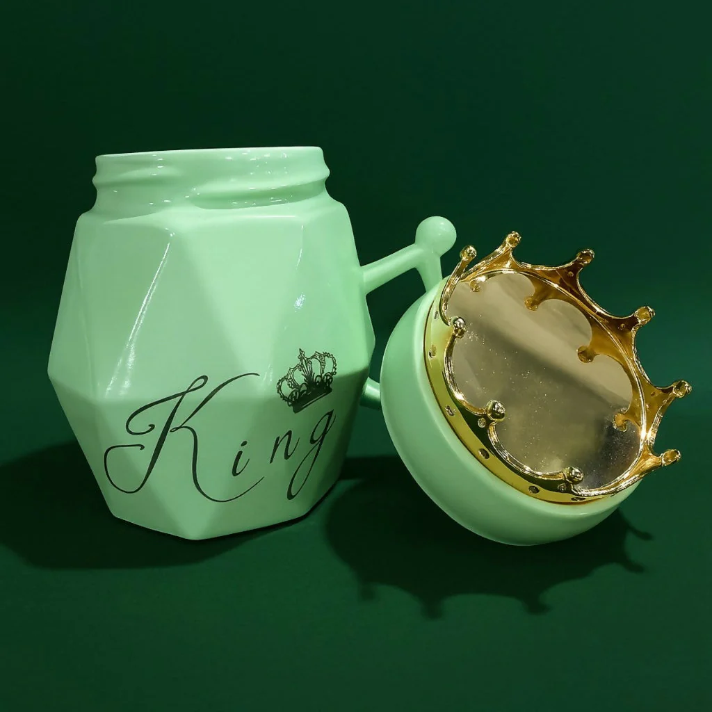 King Crown Ceramic Mug with Golden Lid – Green Diamond-Cut Coffee Mug for Men | Royal Handle & Gift Mug for Husband, Boyfriend, Brother & Boss | Stylish Ceramic Tea Cup with Crown Design - Image 3