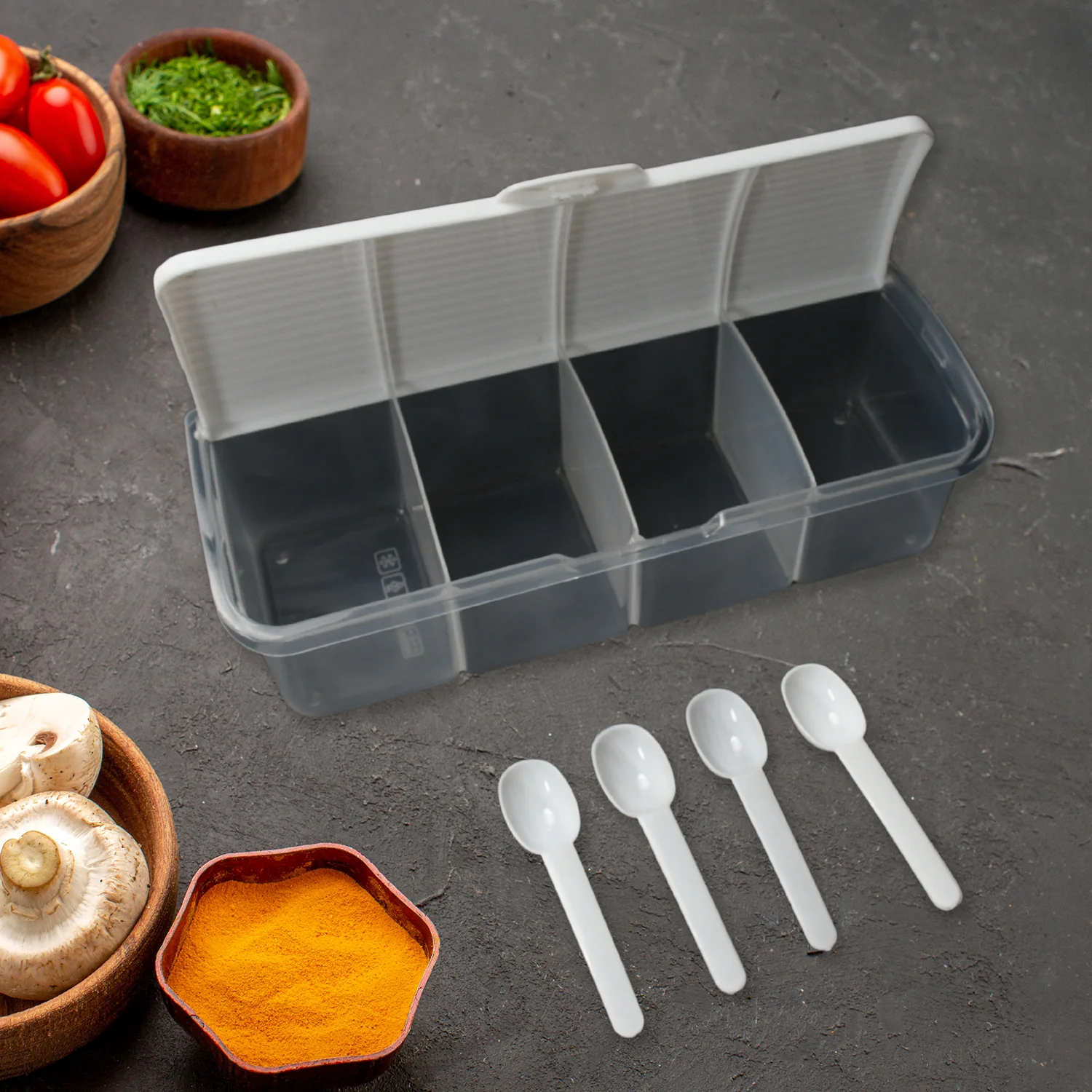 Kitchen Multipurpose Air-tight 4 Sections Storage Containers with 4 spoon (1 Pc ) - Image 3
