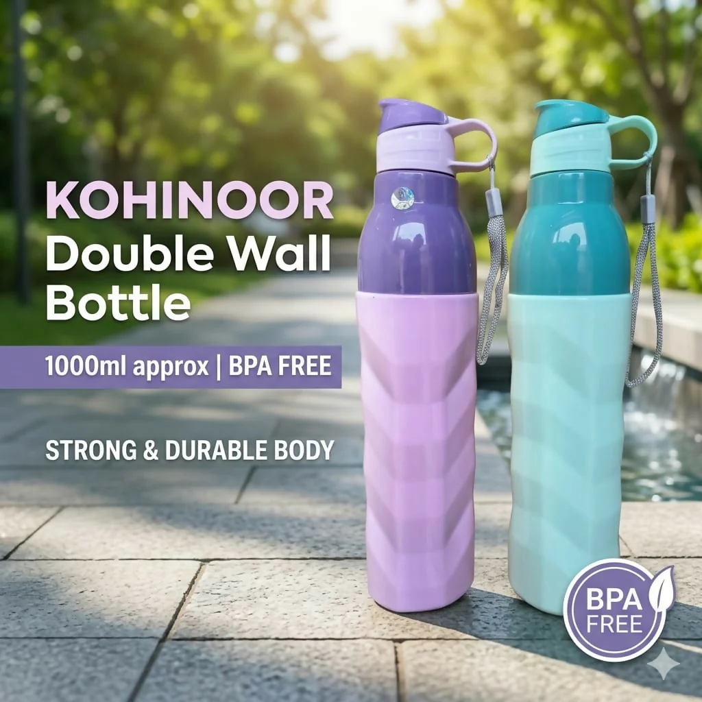 Kohinoor Double Wall Insulated Water Bottle Leak-Proof Sporty Design for Gym Office & Travel (1000ml) (Any One Bottle) - Image 2
