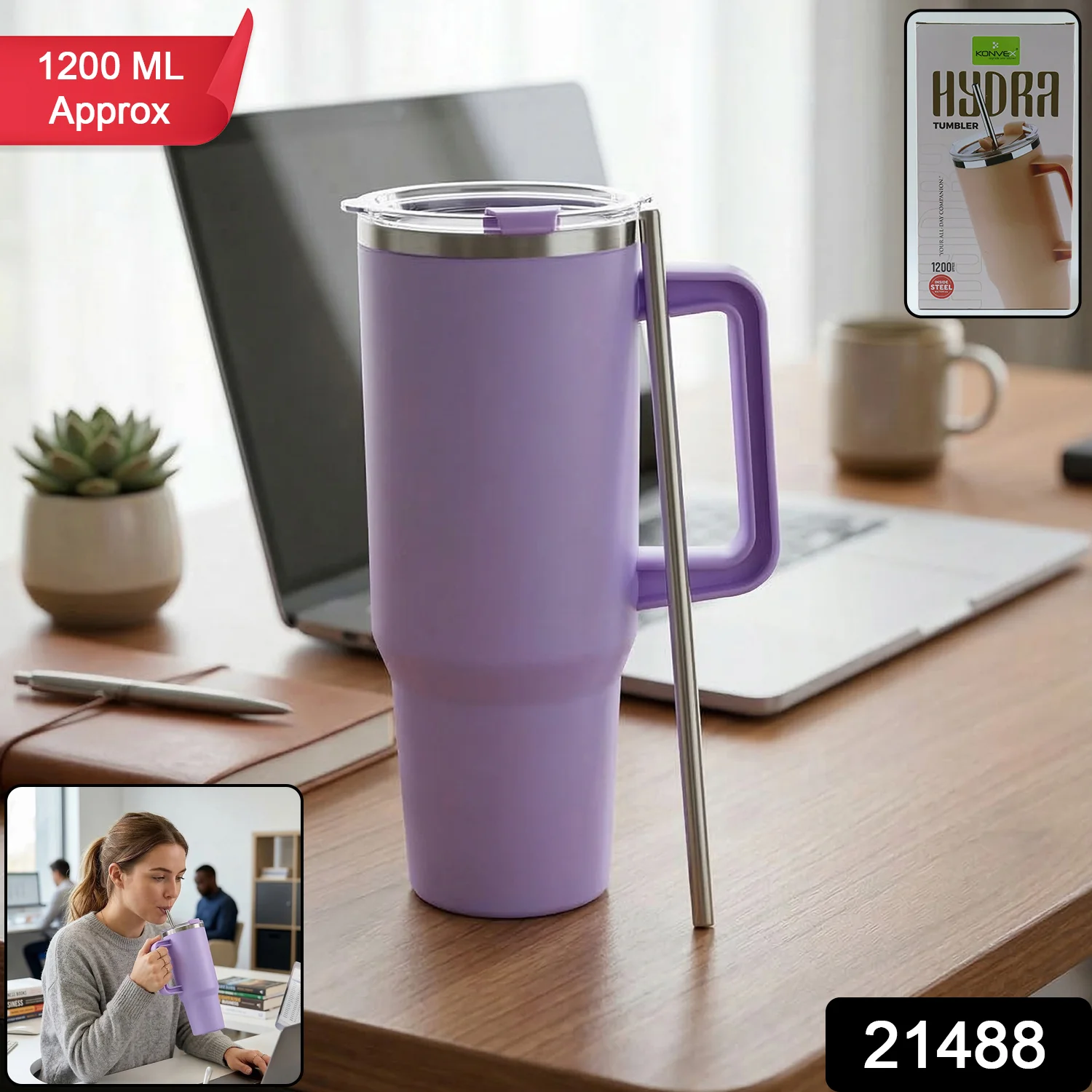 Konvex Large Capacity Insulated Tumbler Mug with Handle and Straw 1200 ML Approx - Image 2