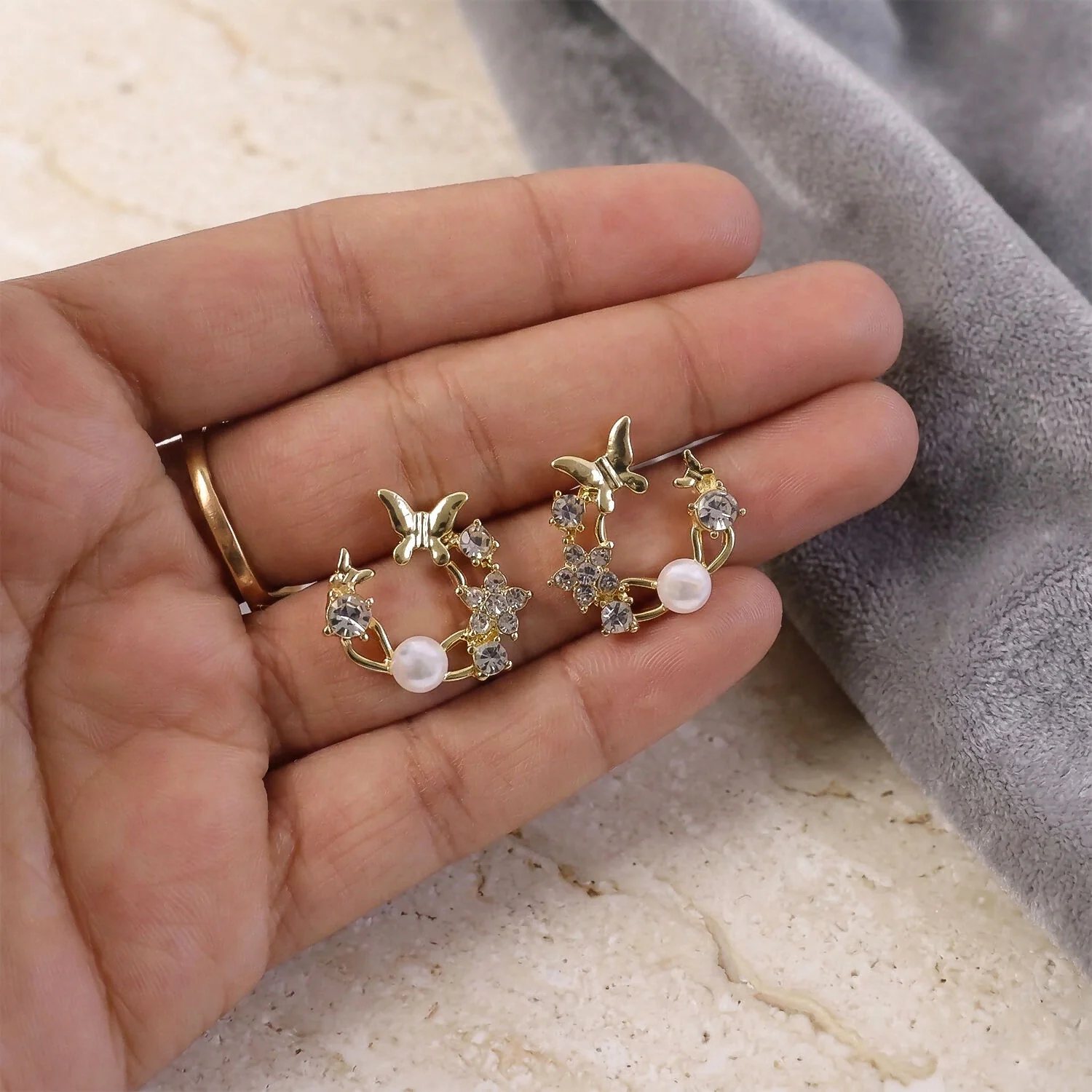 Korean Butterfly & Floral Pearl Wreath Studs For Girls And Women - Image 4