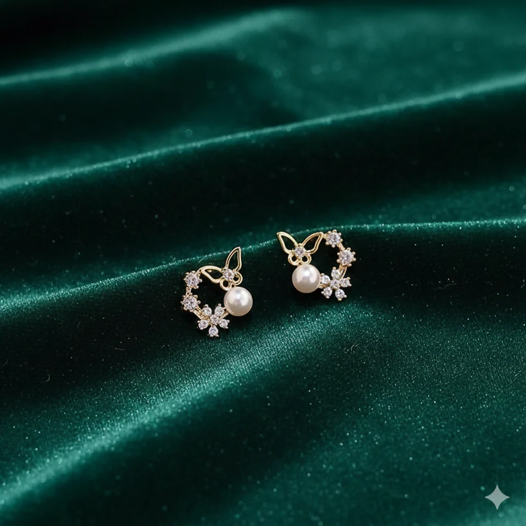 Korean Butterfly & Floral Pearl Wreath Studs For Girls And Women - Image 6