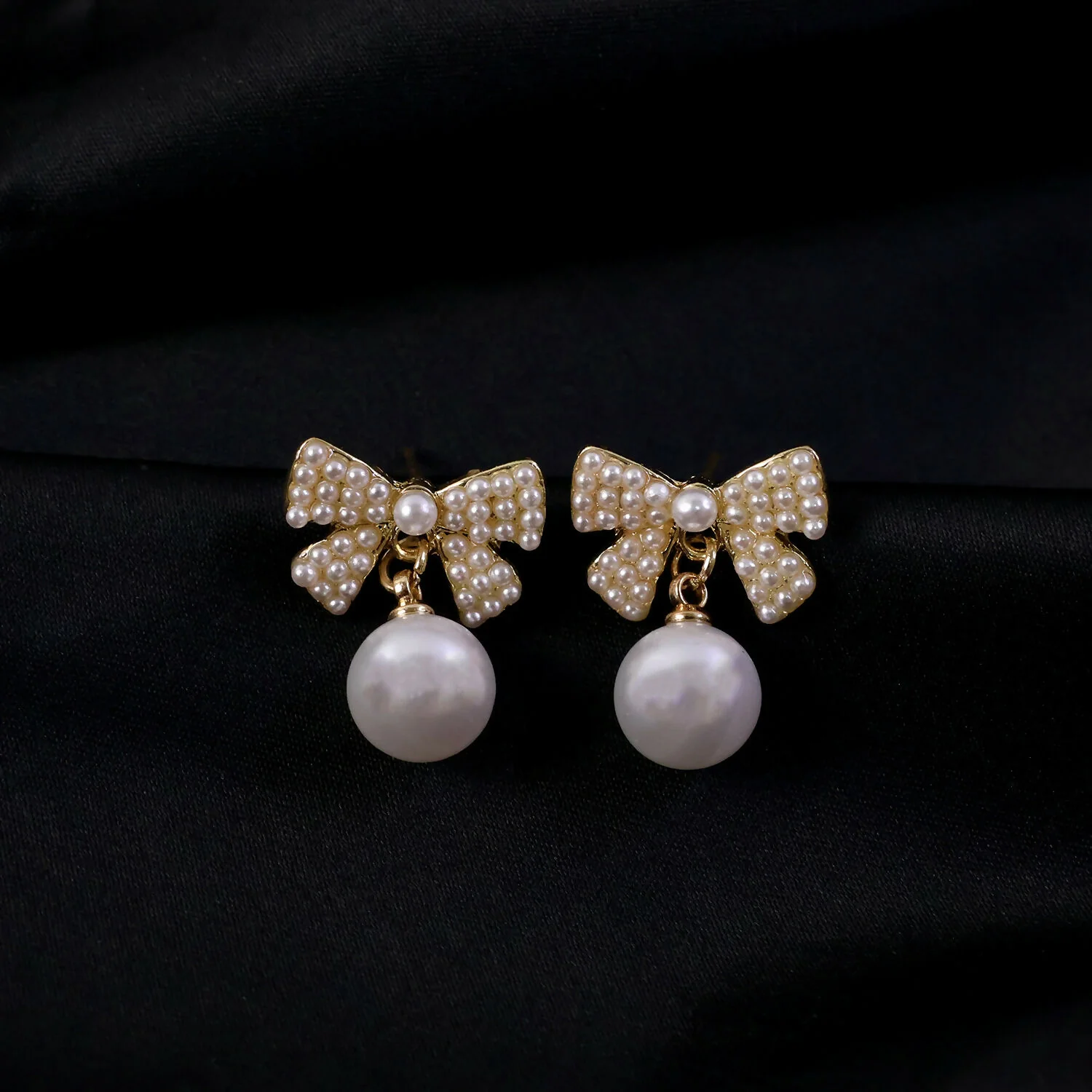 Korean Crystal Ribbon Bow & Drop Pearl Studs For Girls And Women - Image 2