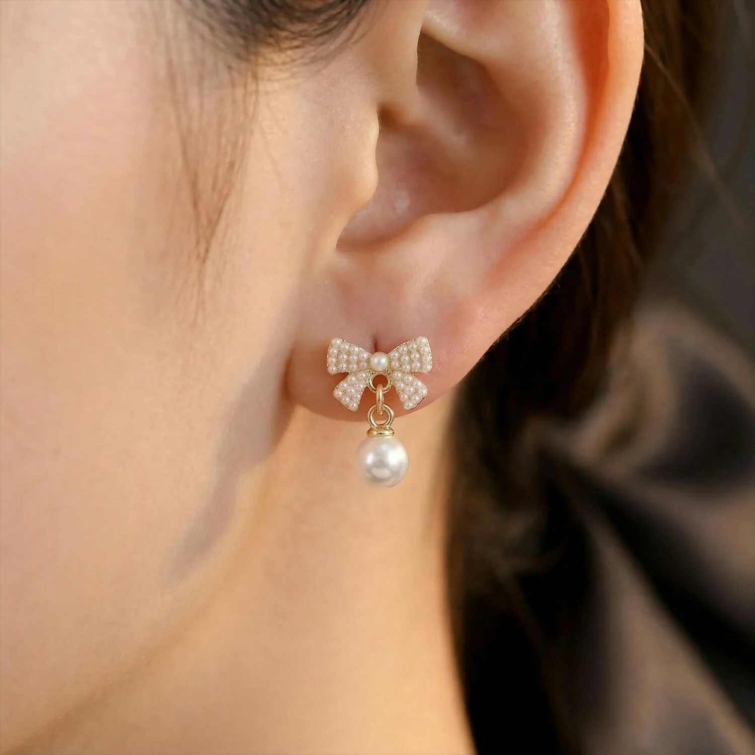 Korean Crystal Ribbon Bow & Drop Pearl Studs For Girls And Women - Image 3