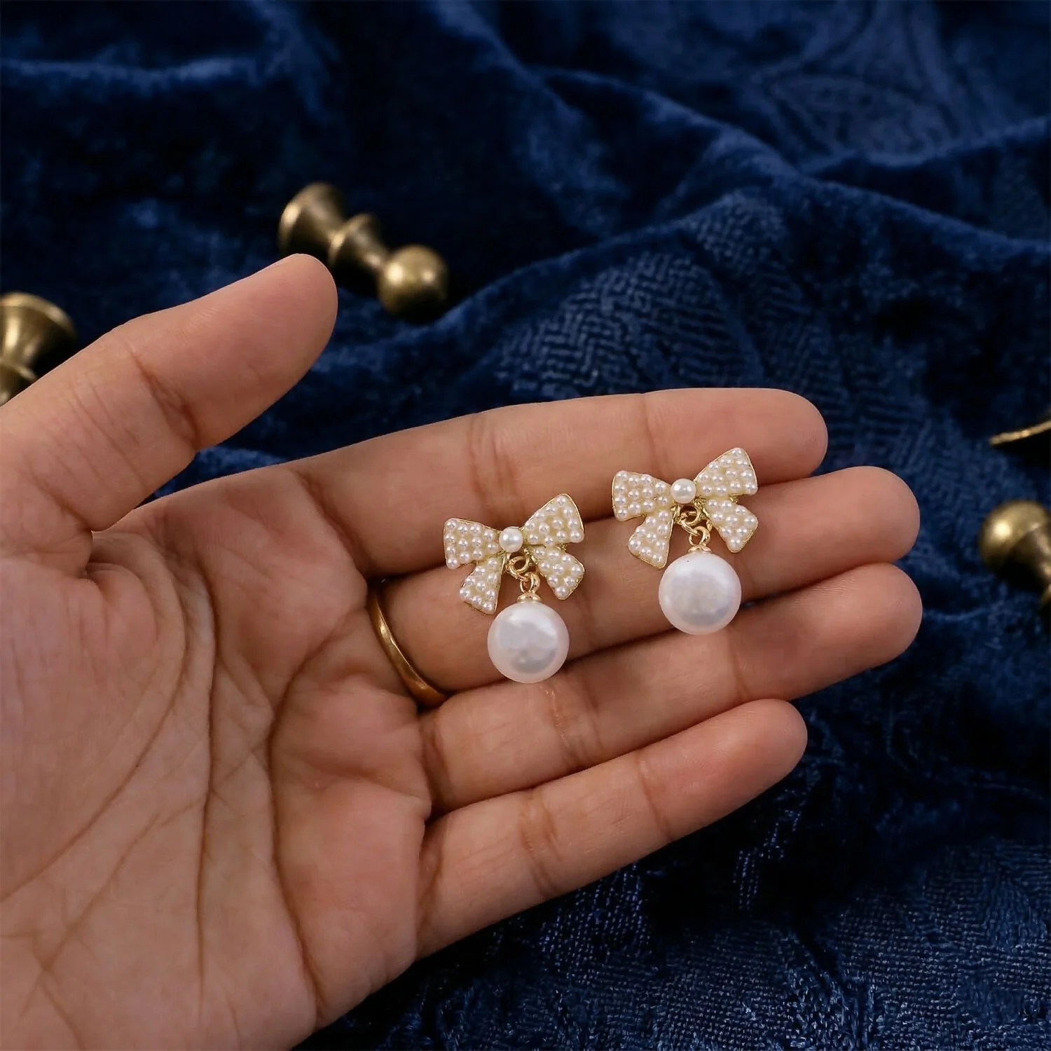 Korean Crystal Ribbon Bow & Drop Pearl Studs For Girls And Women - Image 4